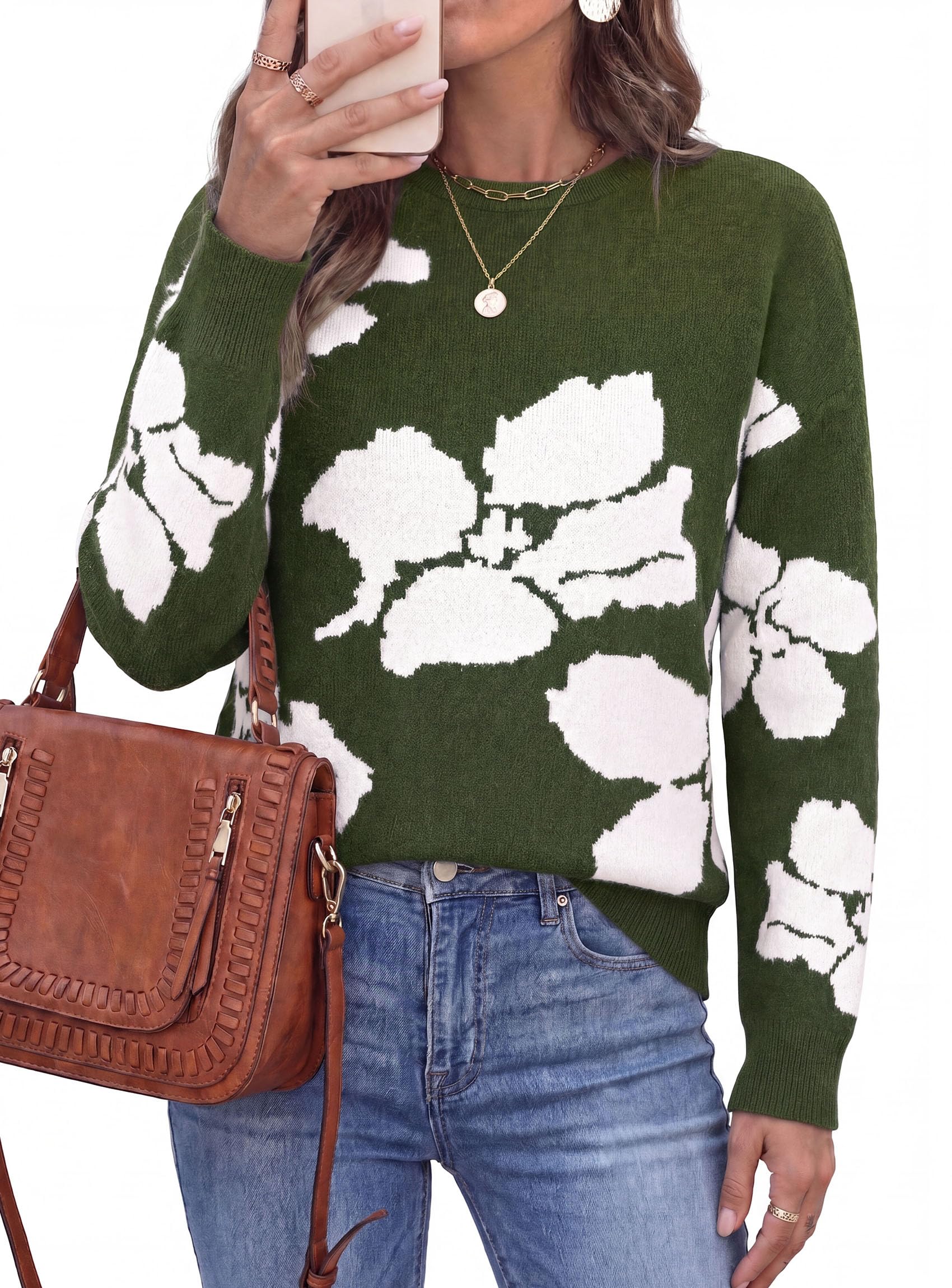 Womens Floral Sweater Crewneck Printed Pullover Tops