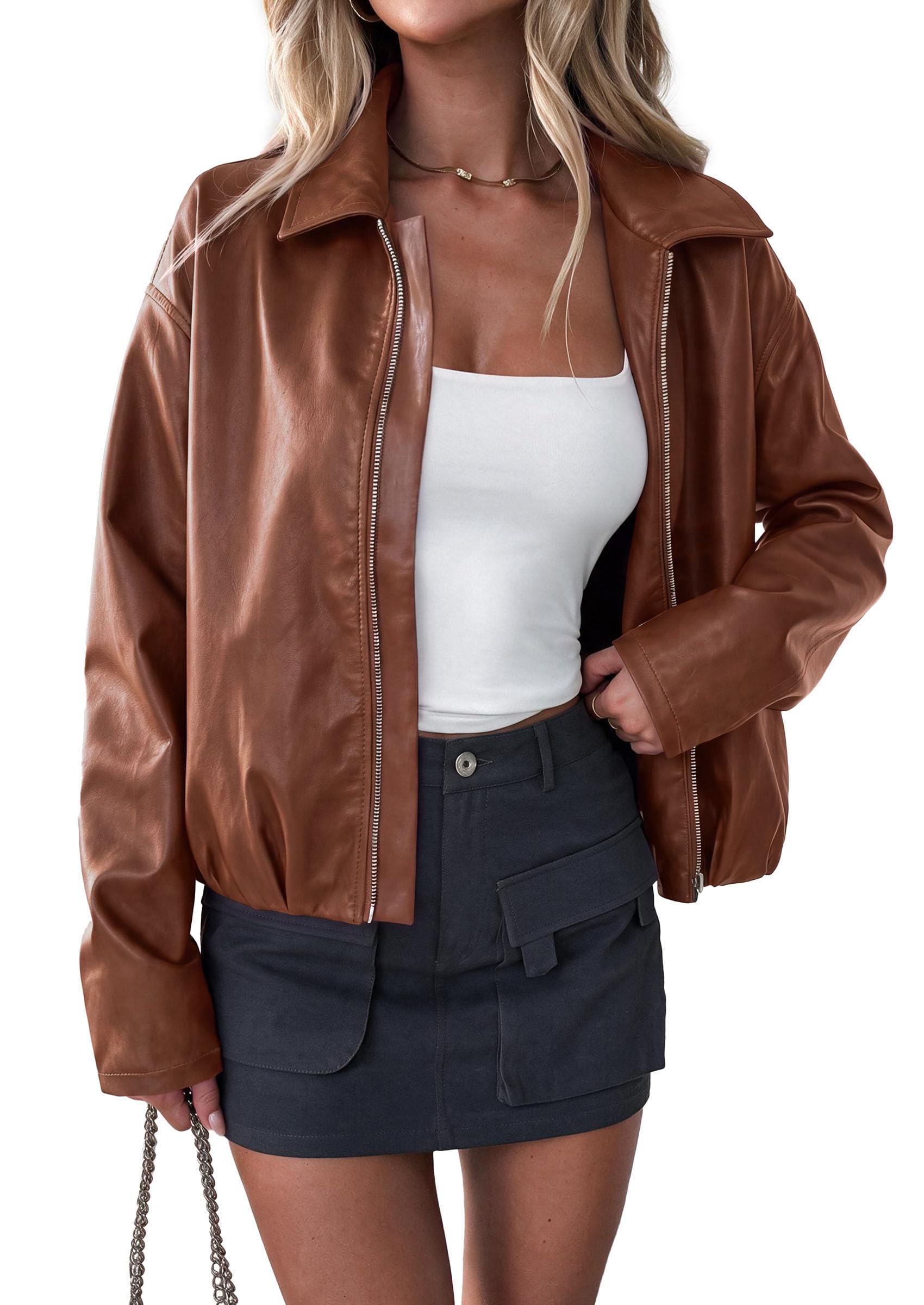 Womens Faux Leather Motorcycle Jackets Fall Cropped Coats