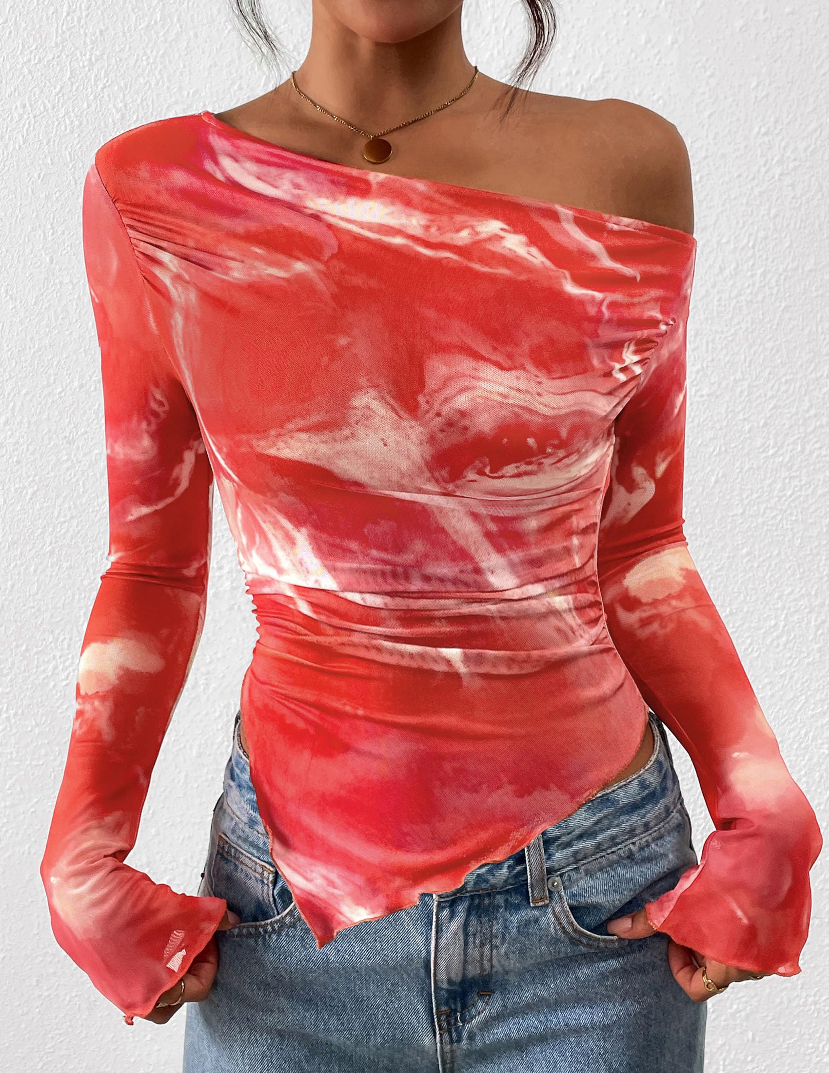Womens Off Shoulder Mesh Y2k Tops,Floral Brick Red,XS