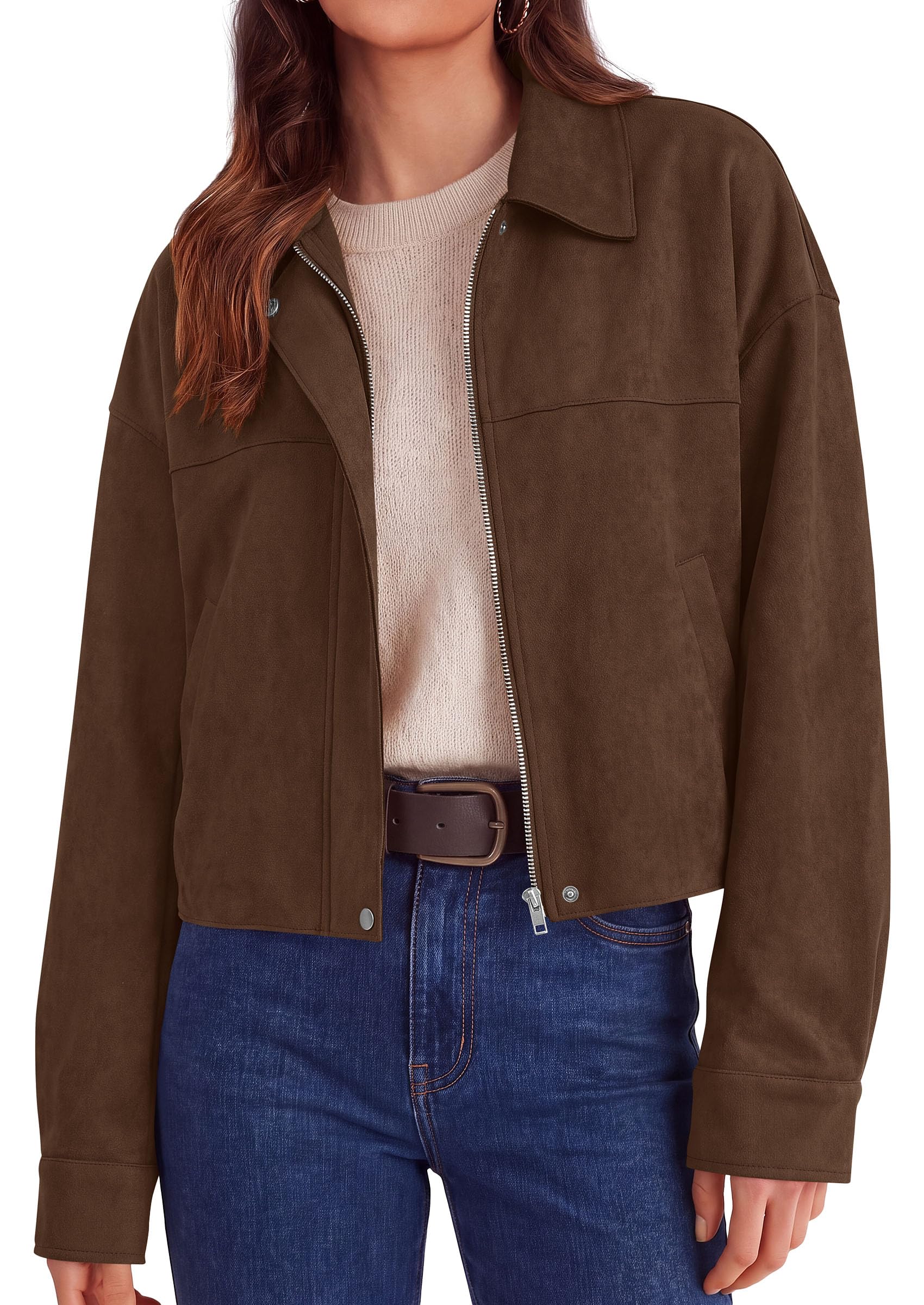 Women's Faux Suede Cropped Fall Jackets,Dark Brown,S