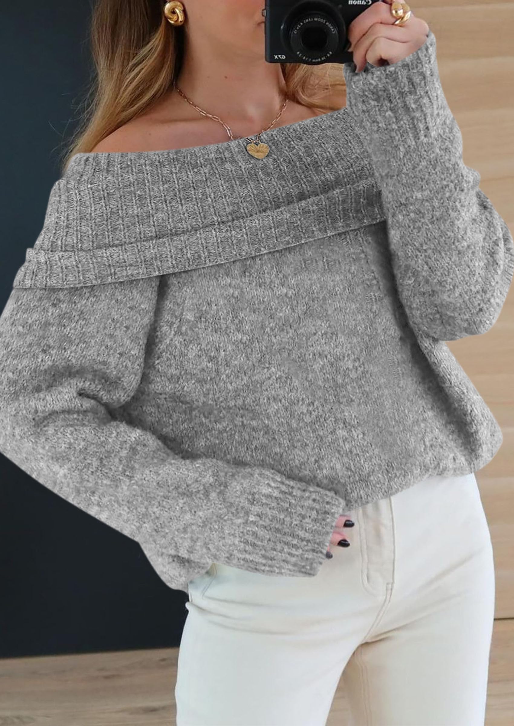 Women's Fall Off The Shoulder Sweater,Grey,S