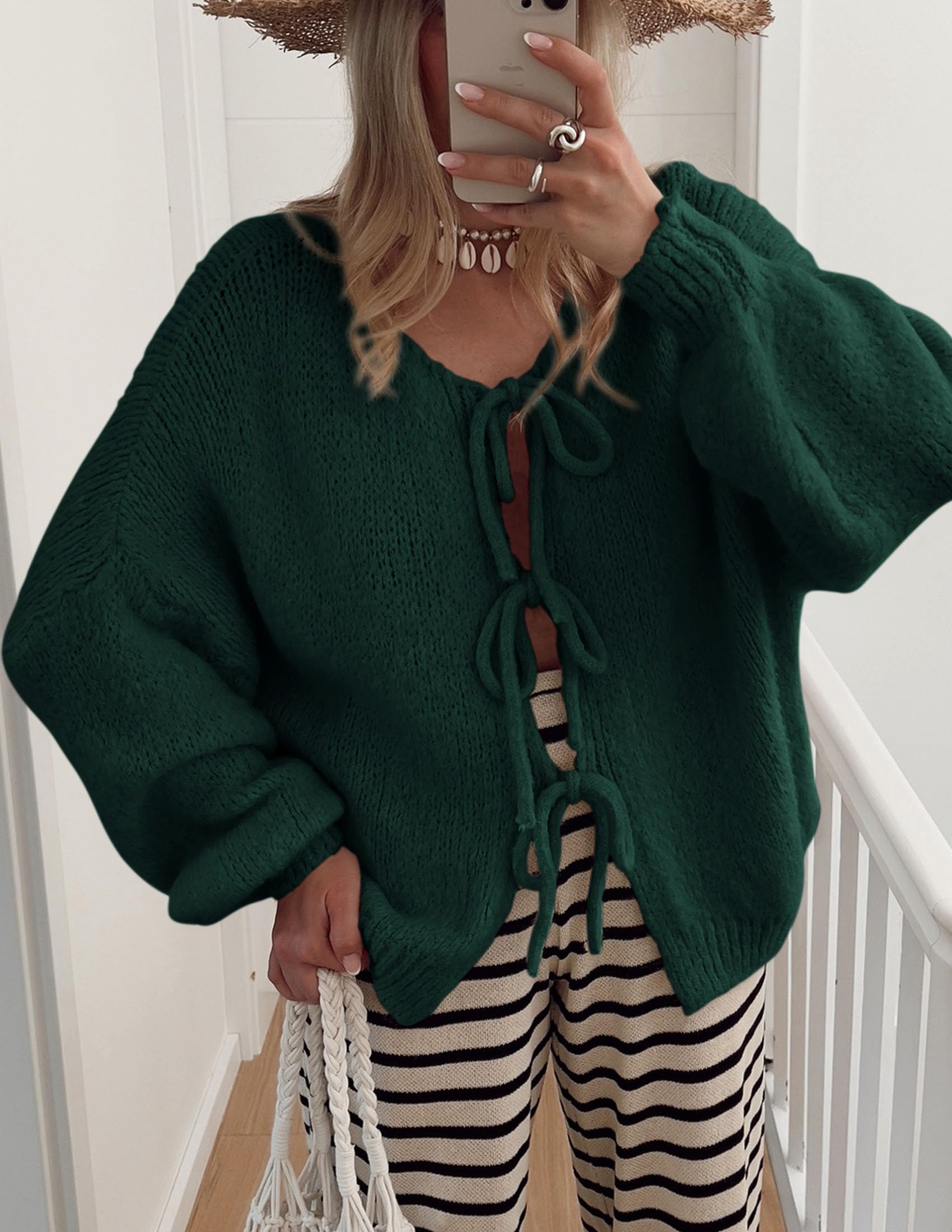 Women's Tie Front Bow Cardigan Sweaters(Dark Green,Small)