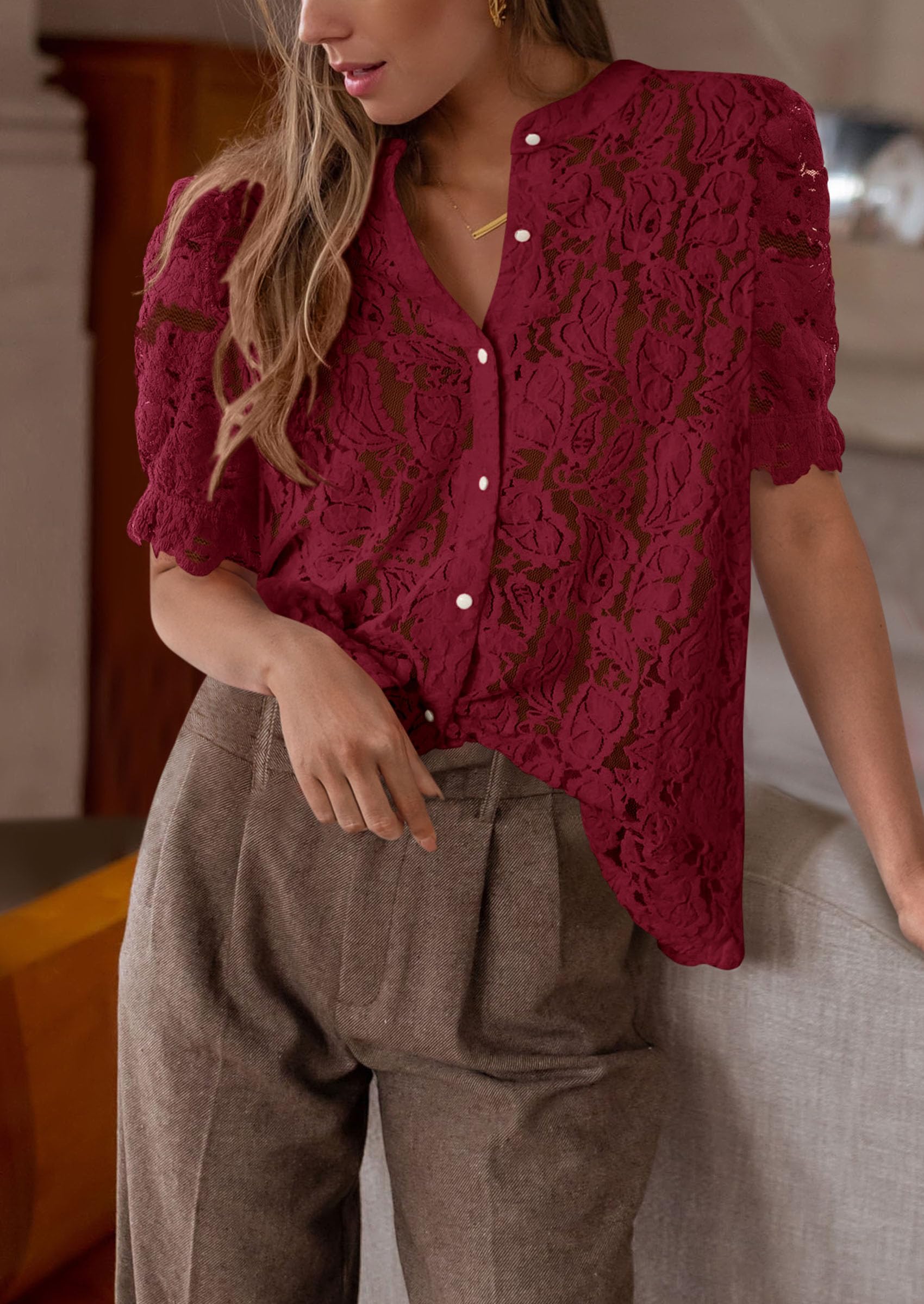 Womens Lace Tops Button Down Short Sleeve Shirts,Wine Red,S