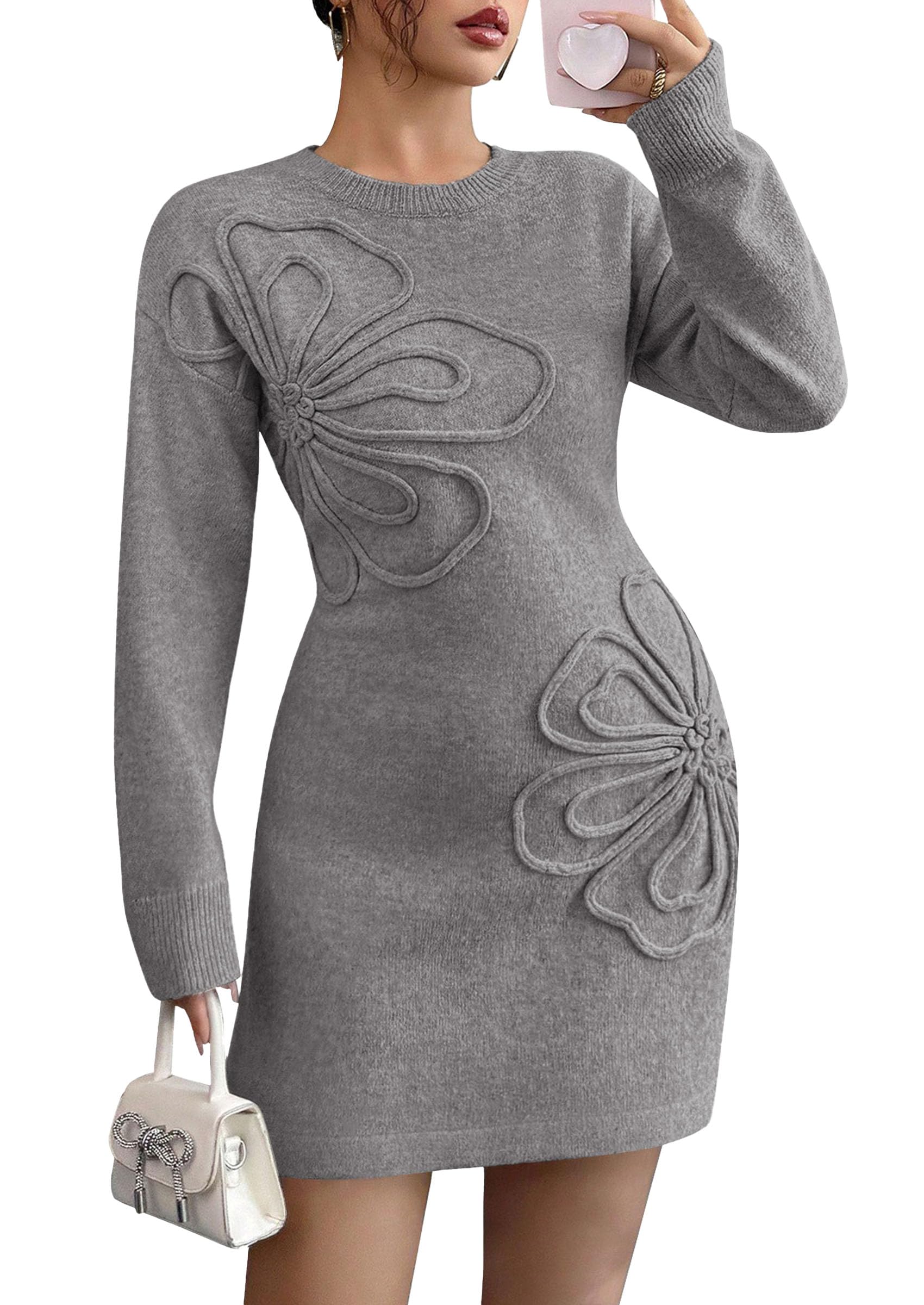 Women's Embroidered Long Sleeve Bodycon Mini Sweater Dress
