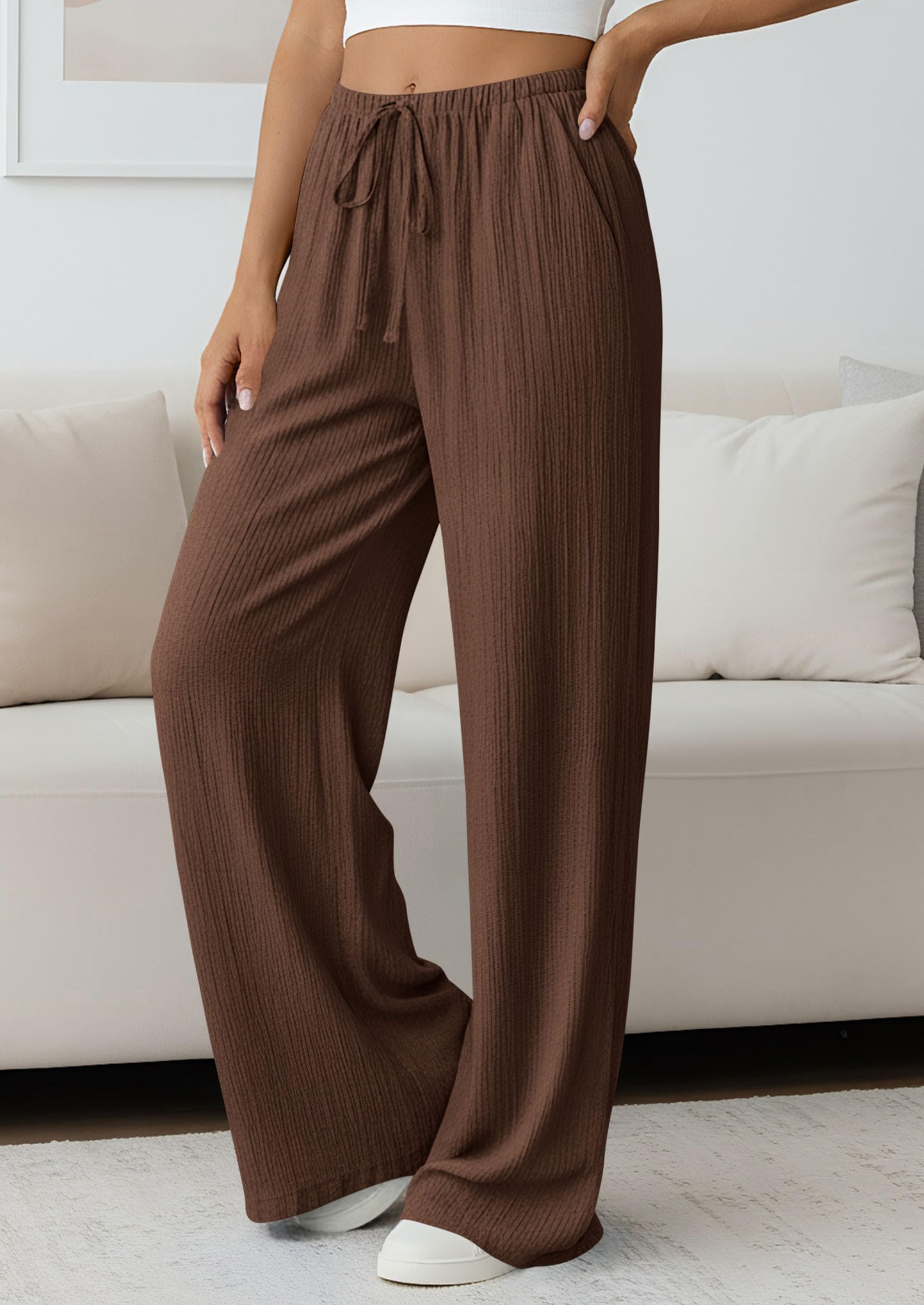 Women's Palazzo Pants Casual Wide Leg Trousers,Brown,M