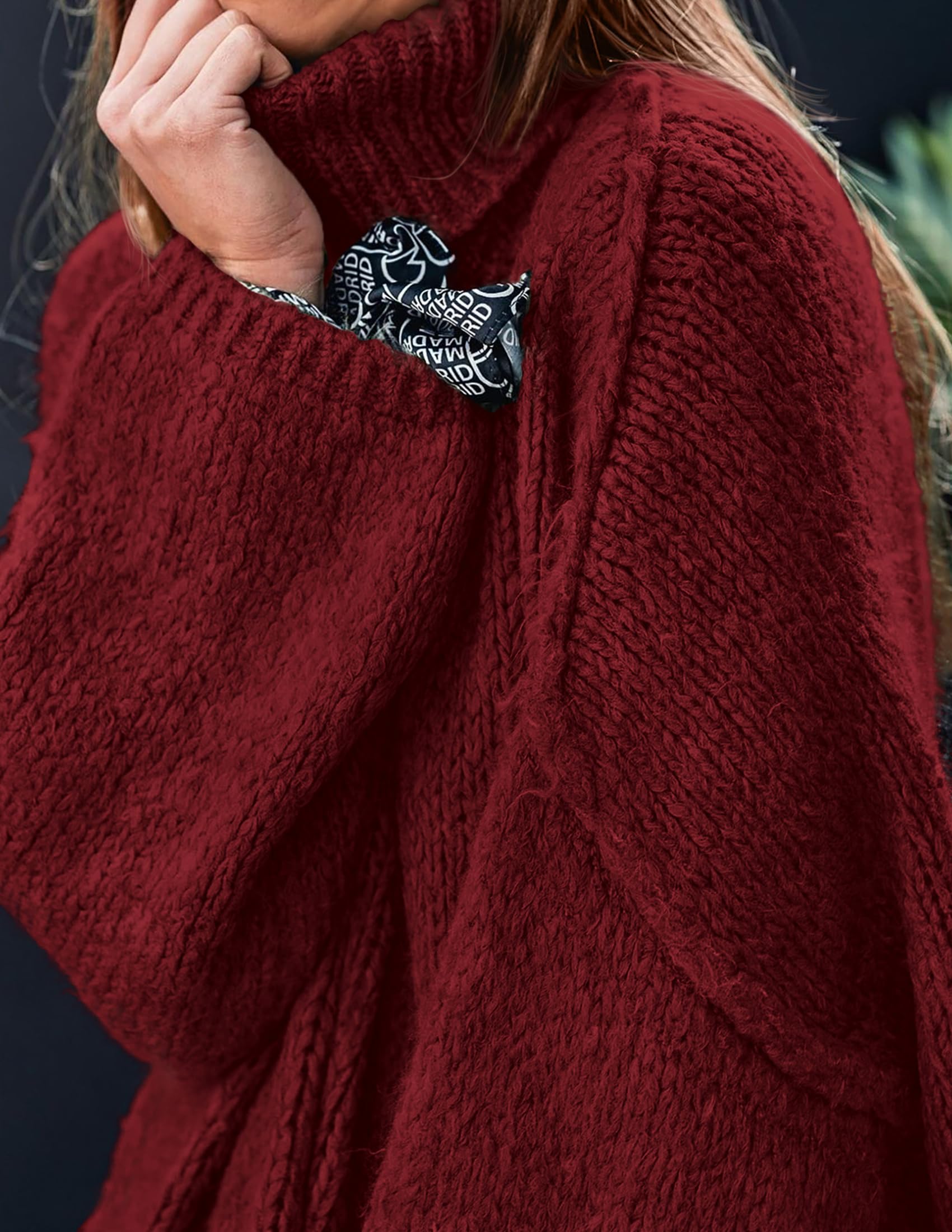 Womens Turtleneck Long Sleeve Oversized Sweaters,Wine Red,S