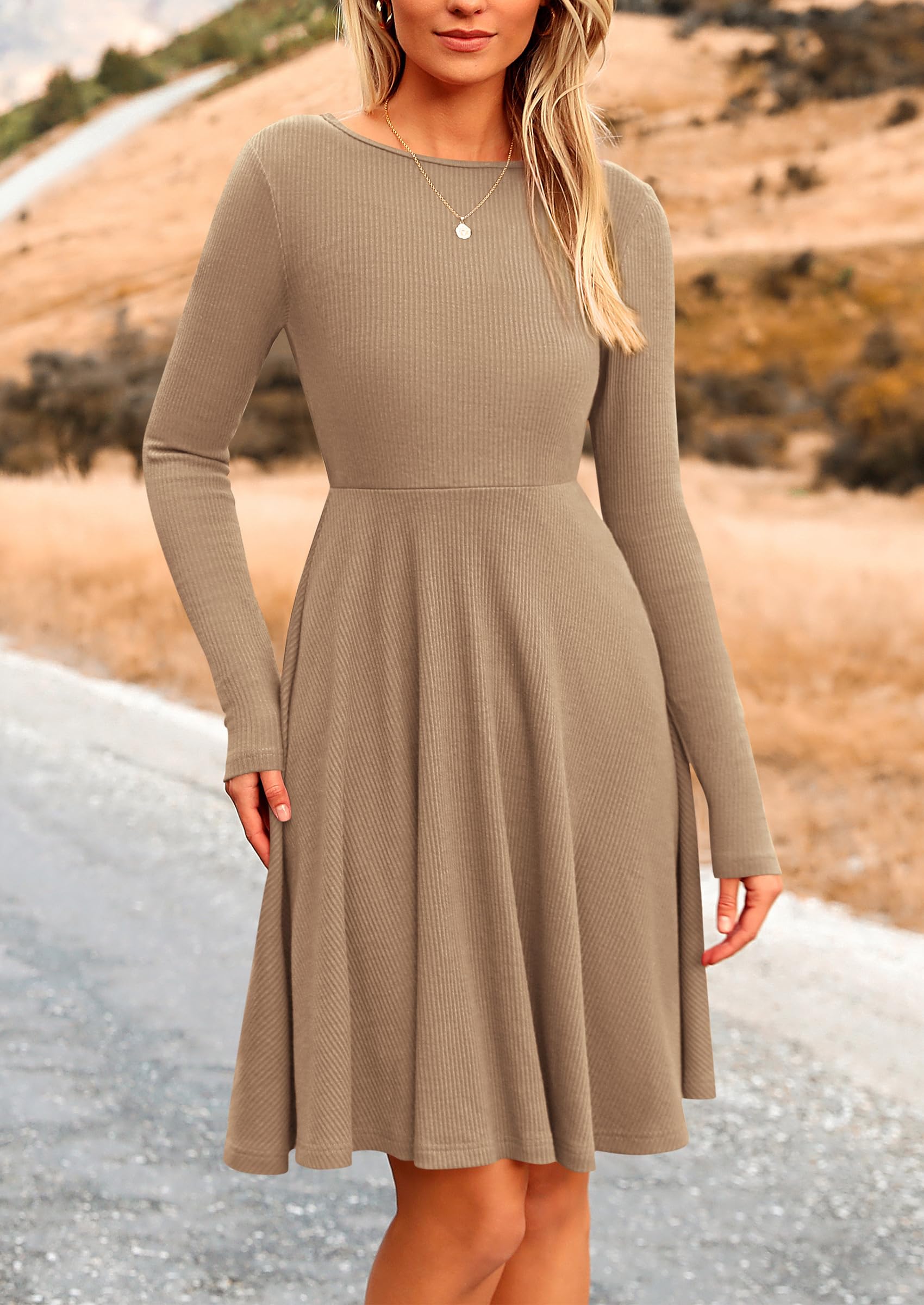 Women's Fall Casual Long Sleeve Short Dress (Khaki,S)