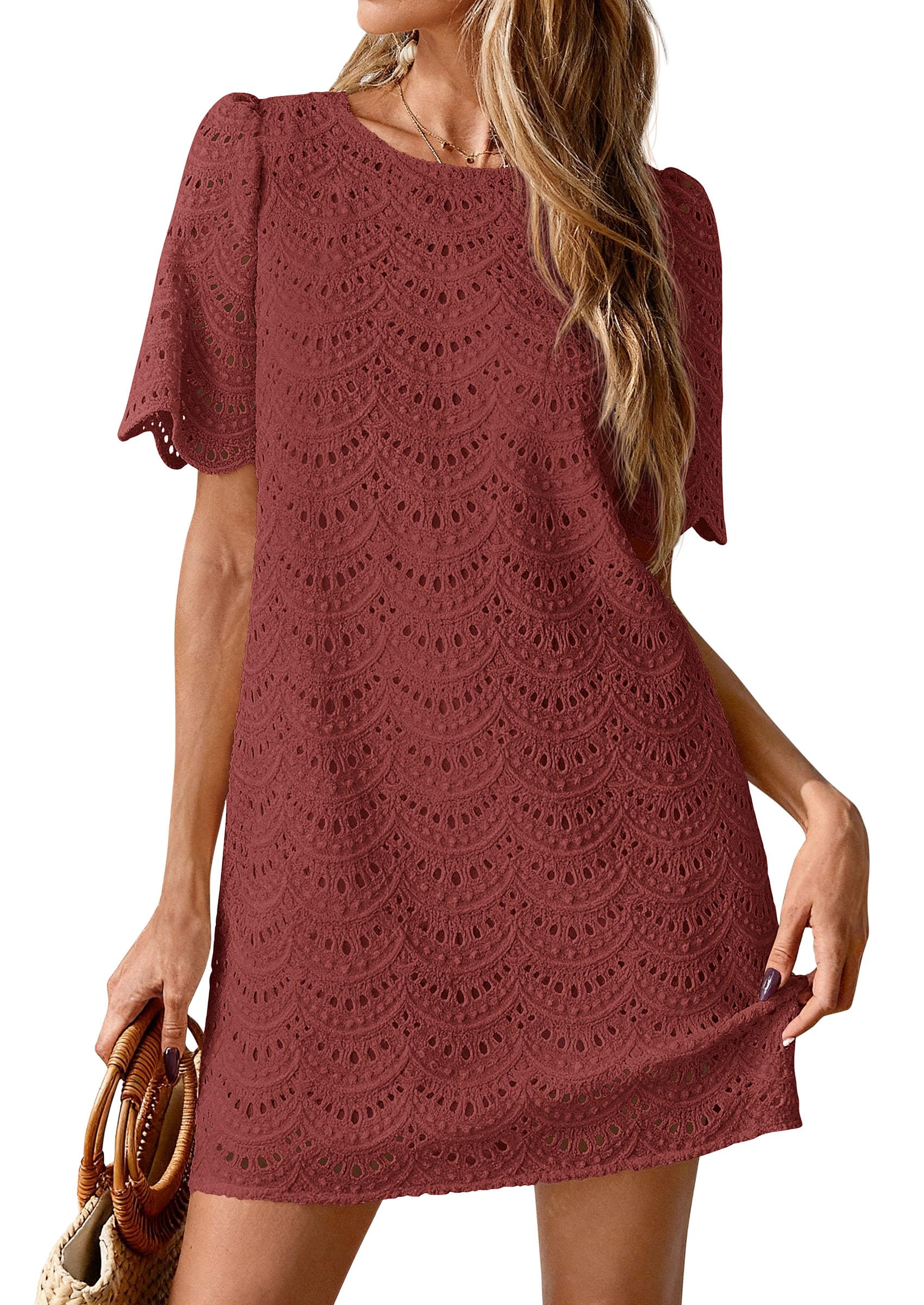 Women's Summer Eyelet Lace Short Dress (Brown Red,S)