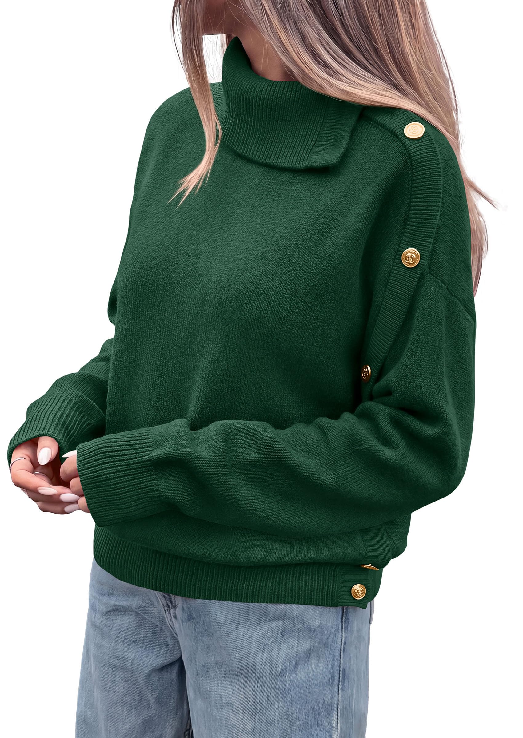 Womens Turtleneck Sweater Pullover Side Button Fall Clothes