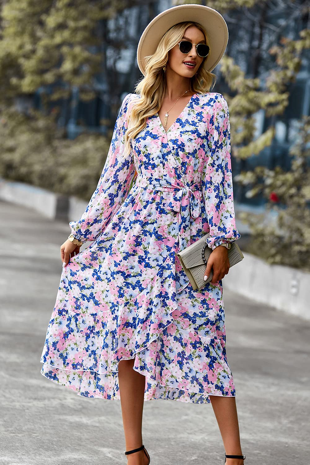 Women's Floral Boho Long Sleeve Maxi Dress, Floral Apricot,S