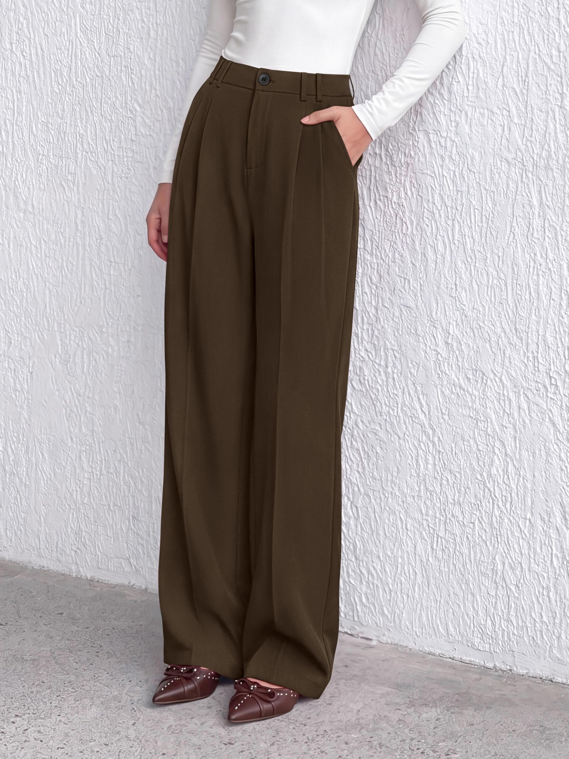 Women's Dress Pants Wide Leg Flowy Trousers,Coffee,L