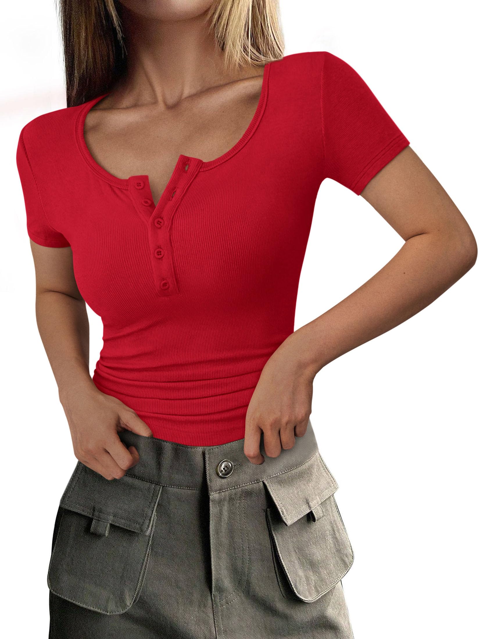 Women's Summer Tops Henley Tee Shirts (Red,X-Small)