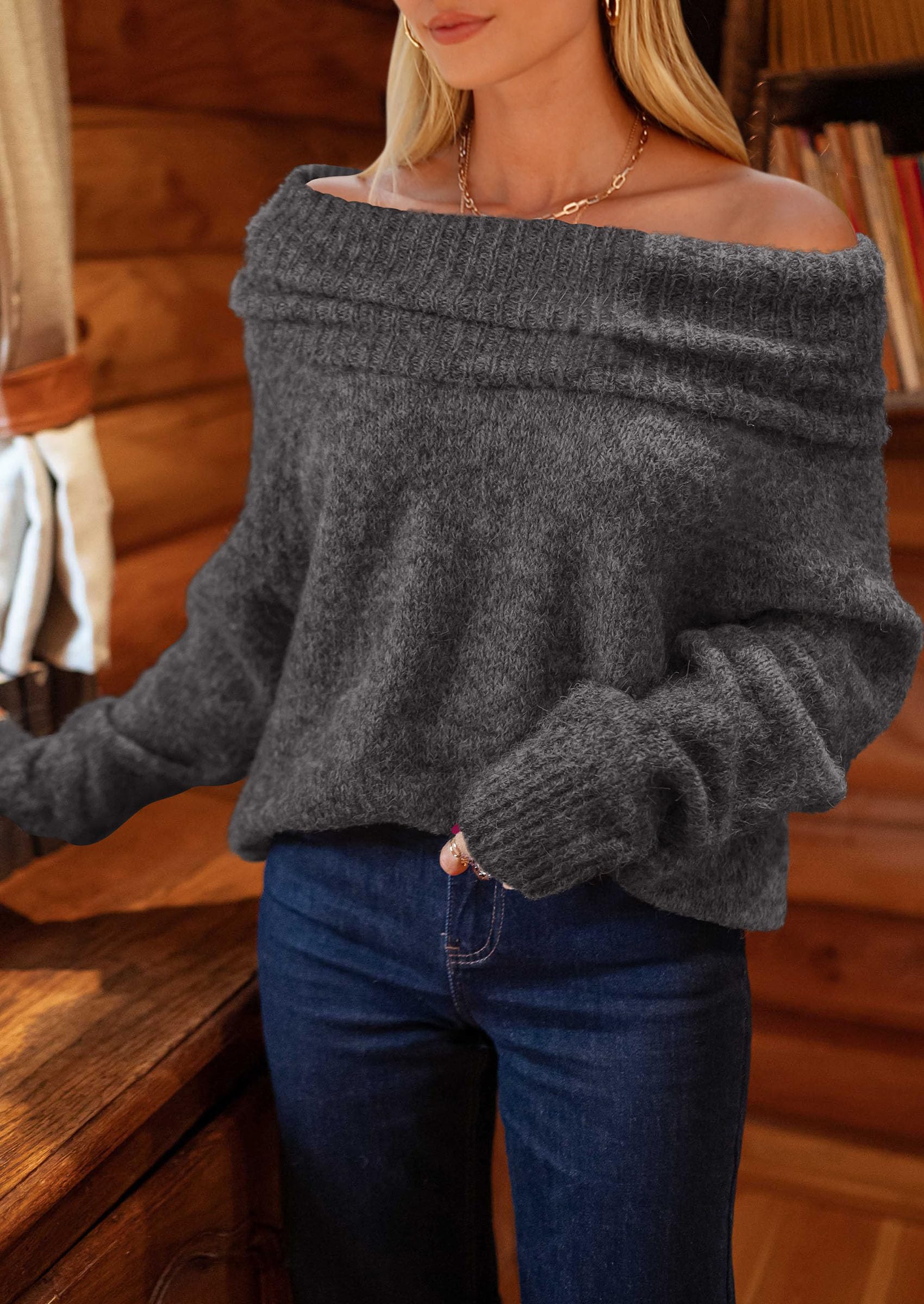 Women's Fall Off The Shoulder Sweater,Dark Grey,S