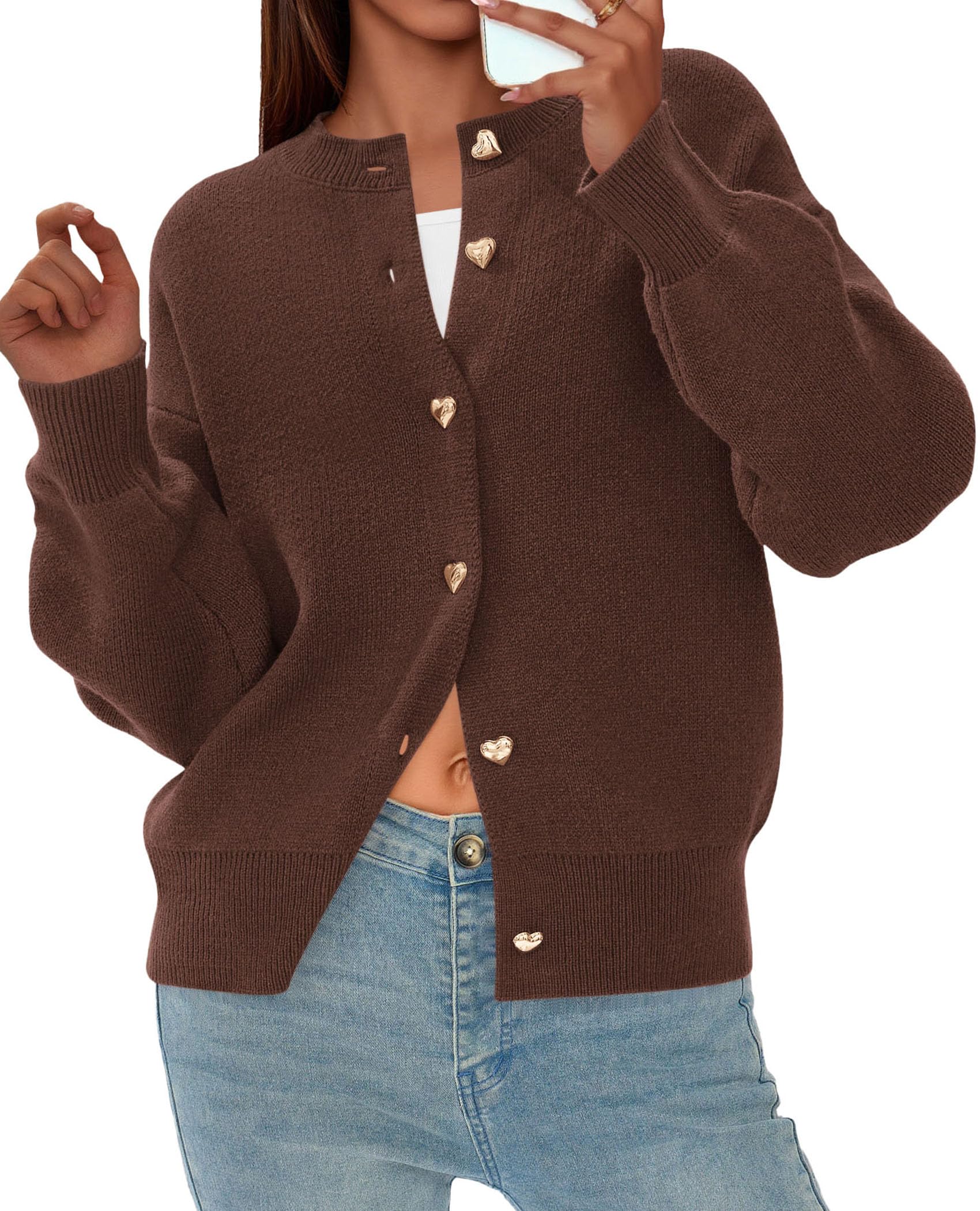 Women's Long Sleeve Button Up Cardigan,Brown,S