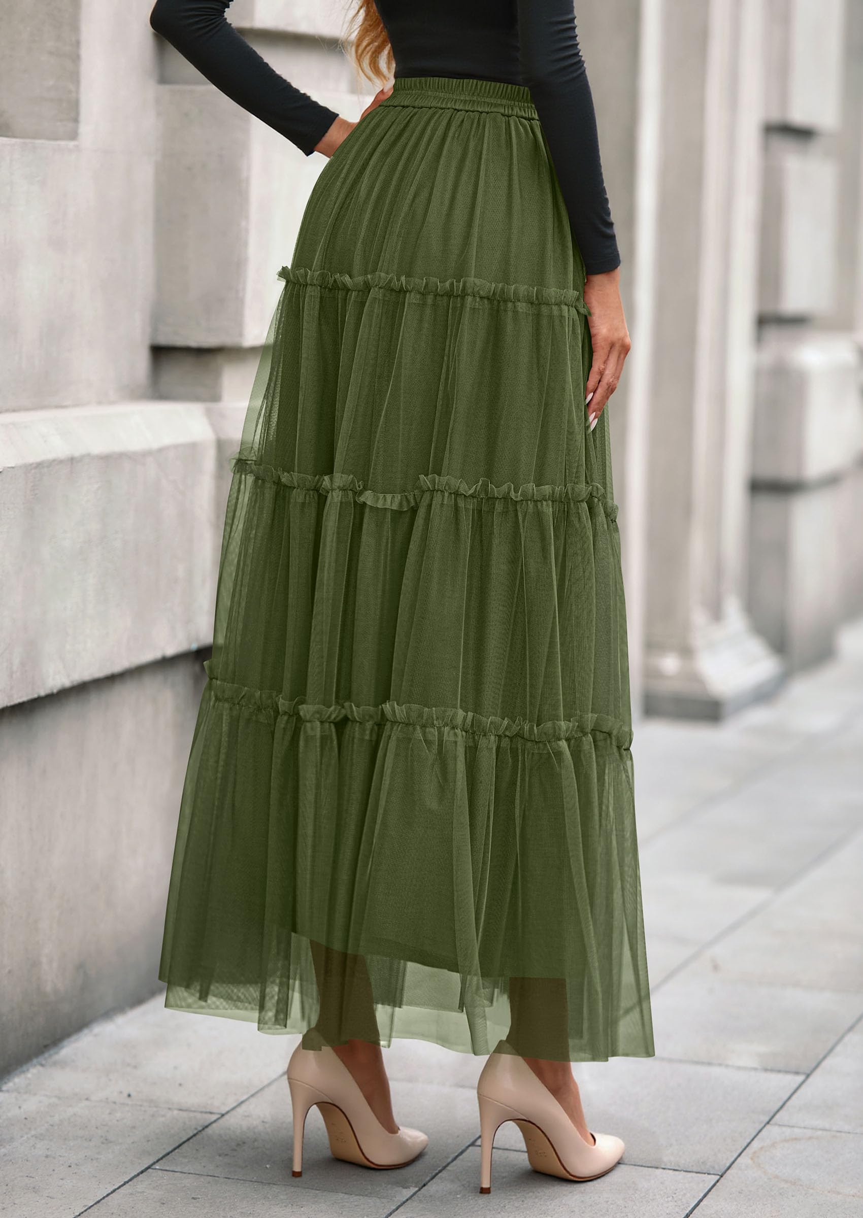 Women's Fall Soft Tulle Tiered Long Skirt,Army Green,S