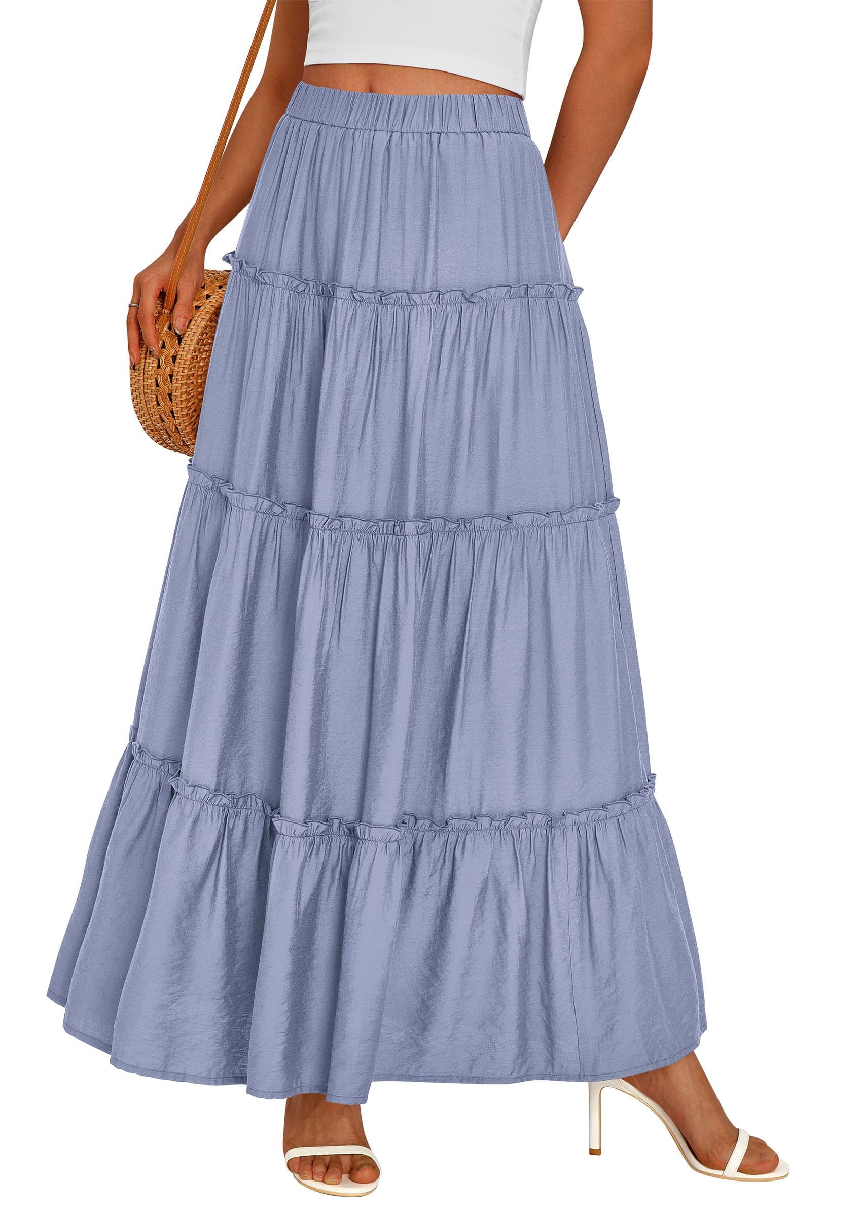 Women's Boho Tiered Ruffle Flowy Maxi Skirt, Blue,S