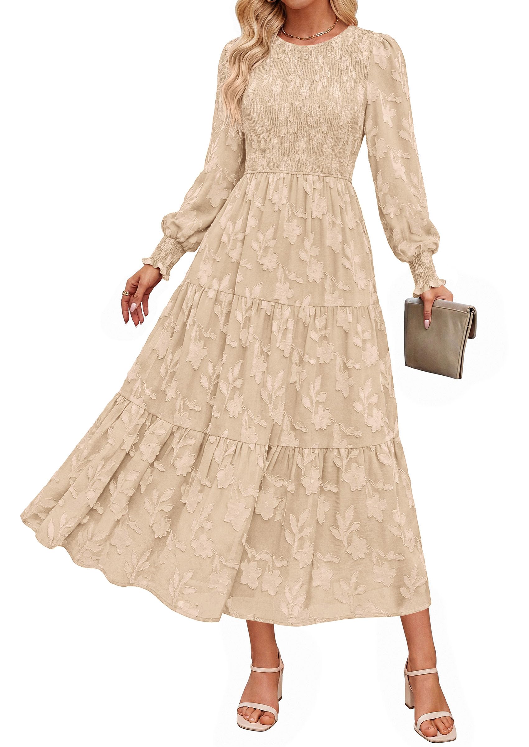 Fall Floral Long Sleeve Wedding Guest Dress for Women Pockets