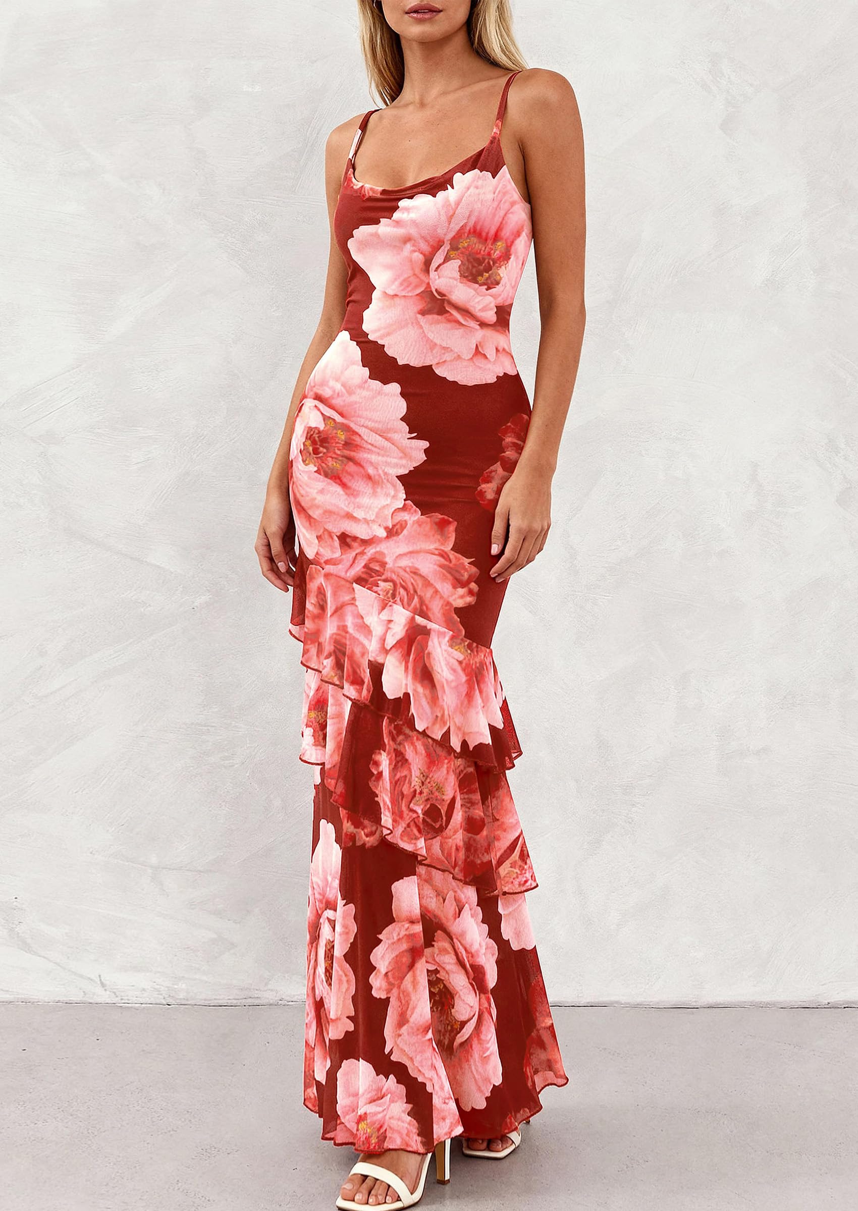 Women's Boho Floral Tiered Maxi Dress, Wine Red Big Floral,XS