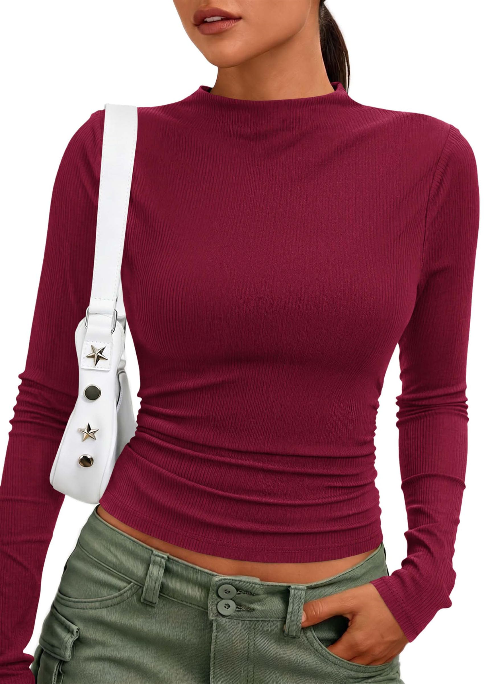 Womens Tops Casual Mock Neck Long Sleeve Shirts,Burgundy,M