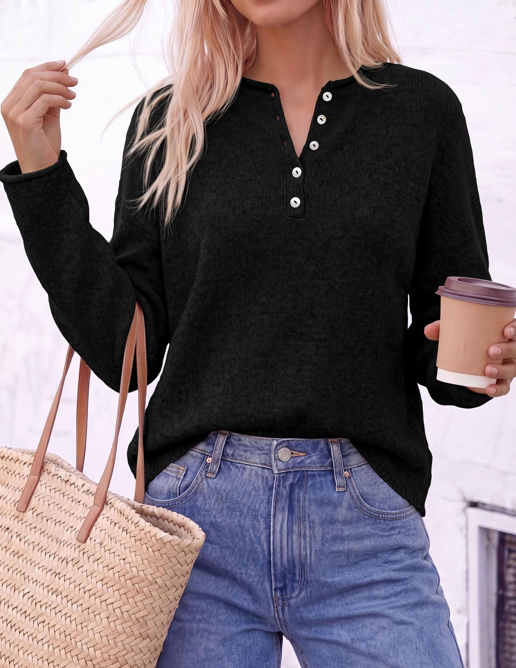 Women's Henley Cozy Sweaters Button Up Pullover Black S
