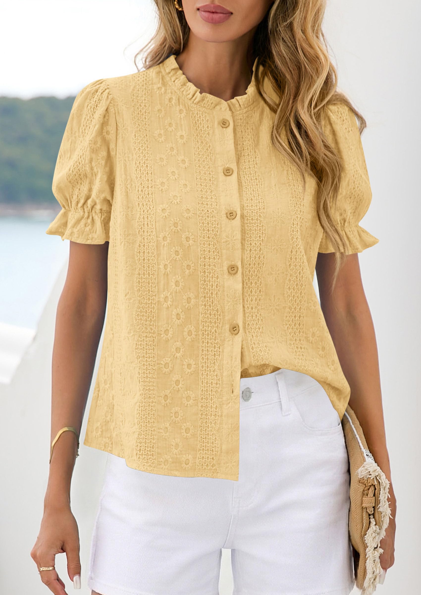 Womens Embroidered Puff Short Sleeve Tops,Yellow,S