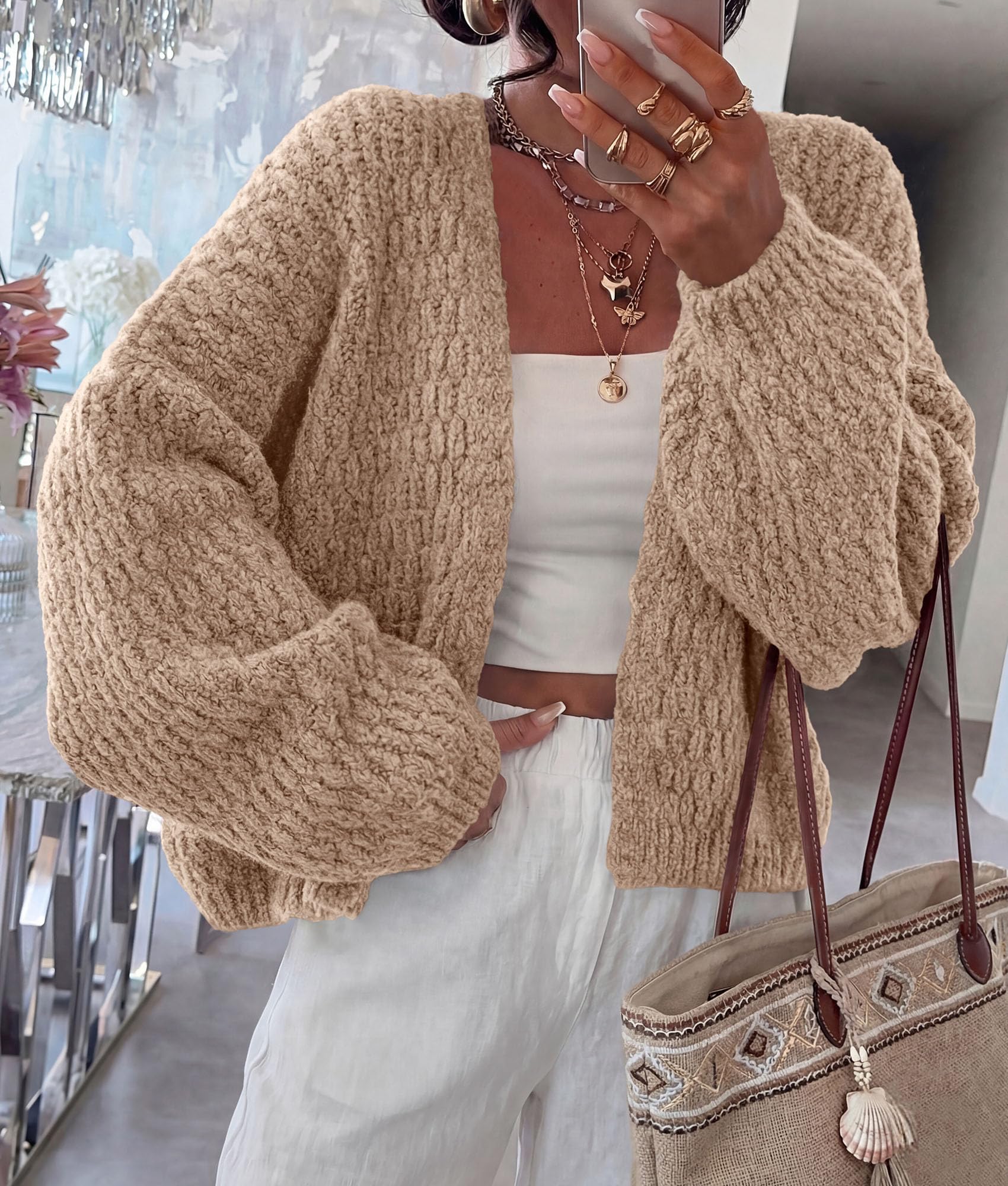 Women's Fall Cardigan Open Front Chunky Sweaters Khaki S