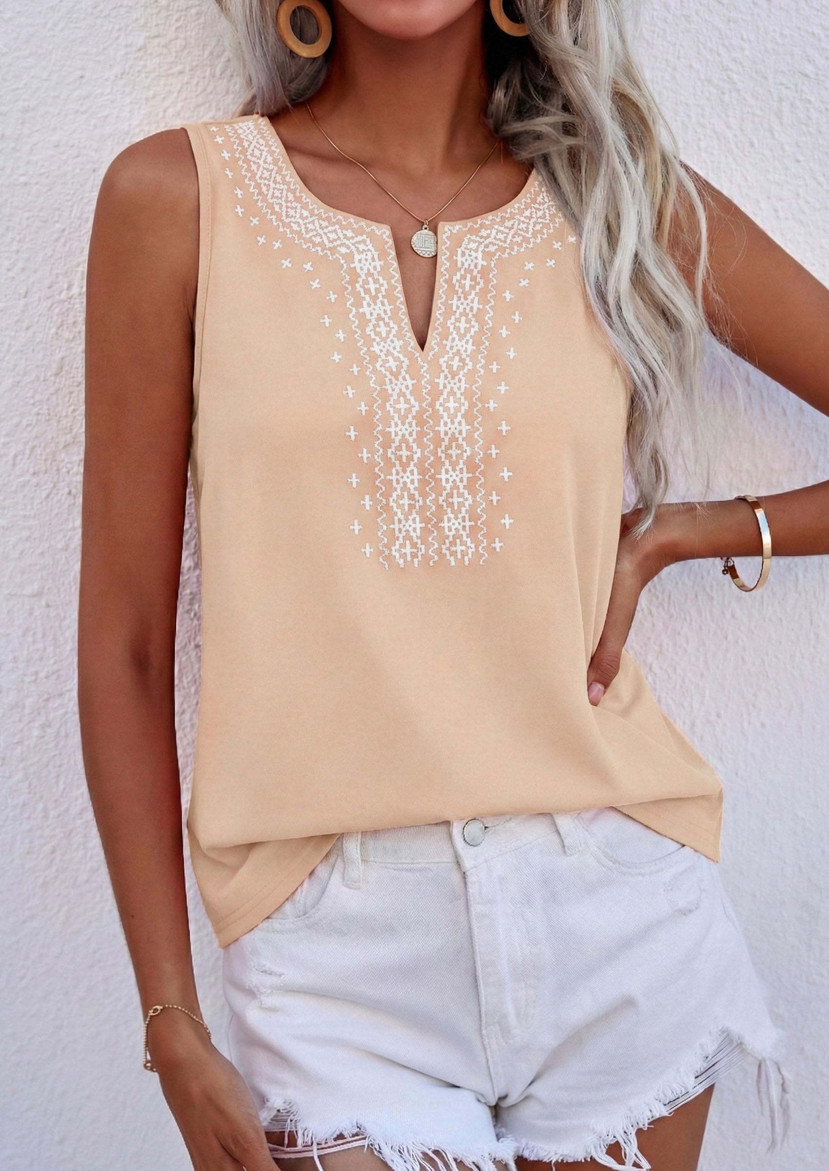 Womens Embroidered Sleeveless Tank Tops Beige,L