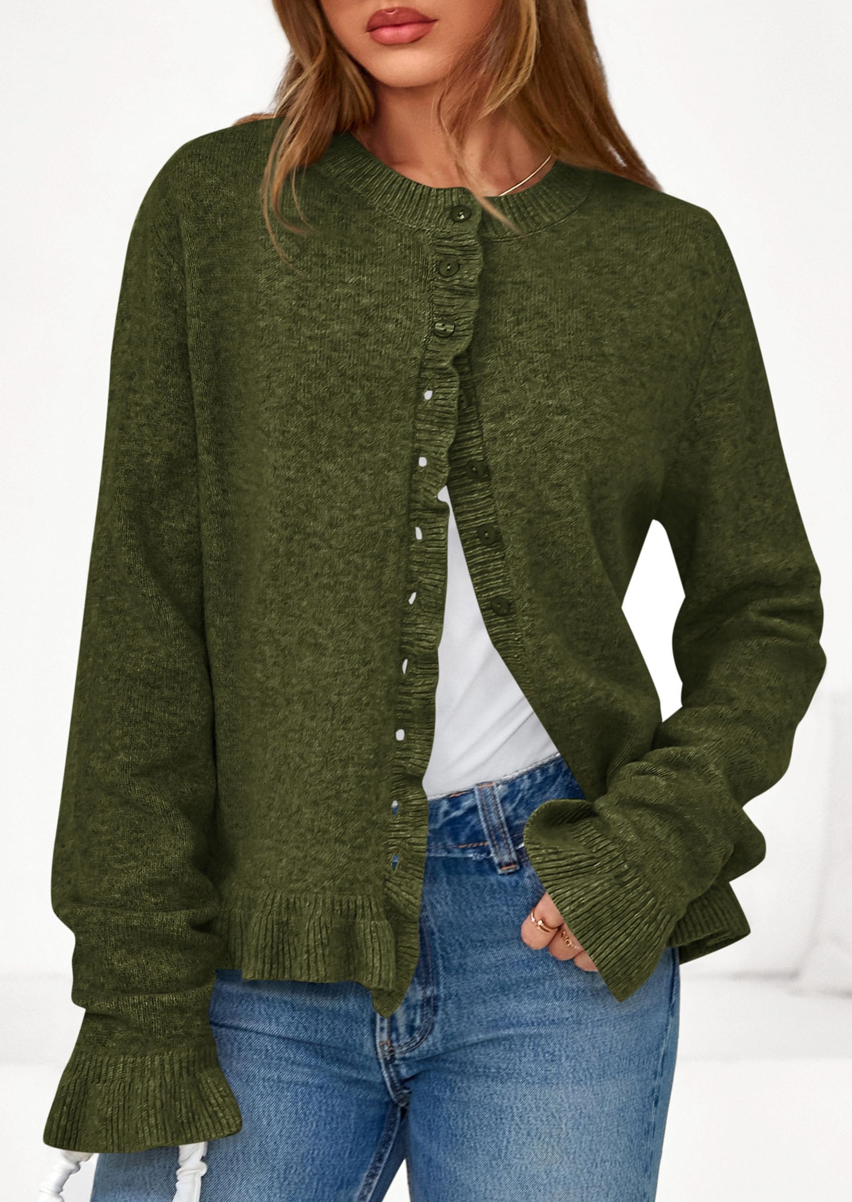 Womens Ruffle Button Down Cardigan Sweaters,Army Green,S