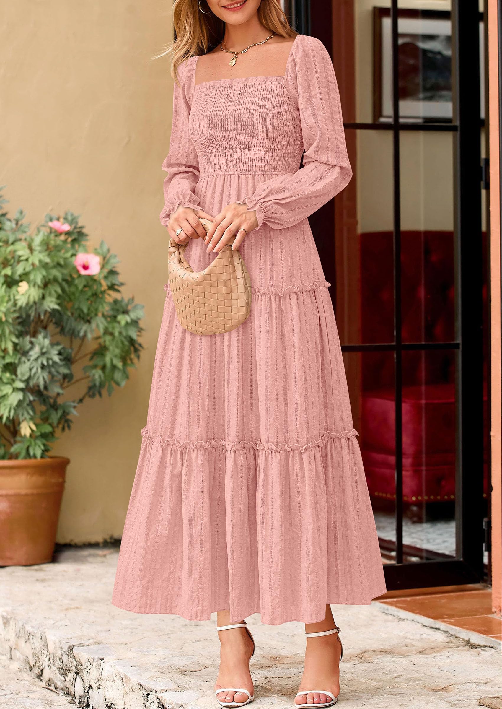 Women's Long Sleeve Ruffle Flowy Maxi Dress,Pink,S