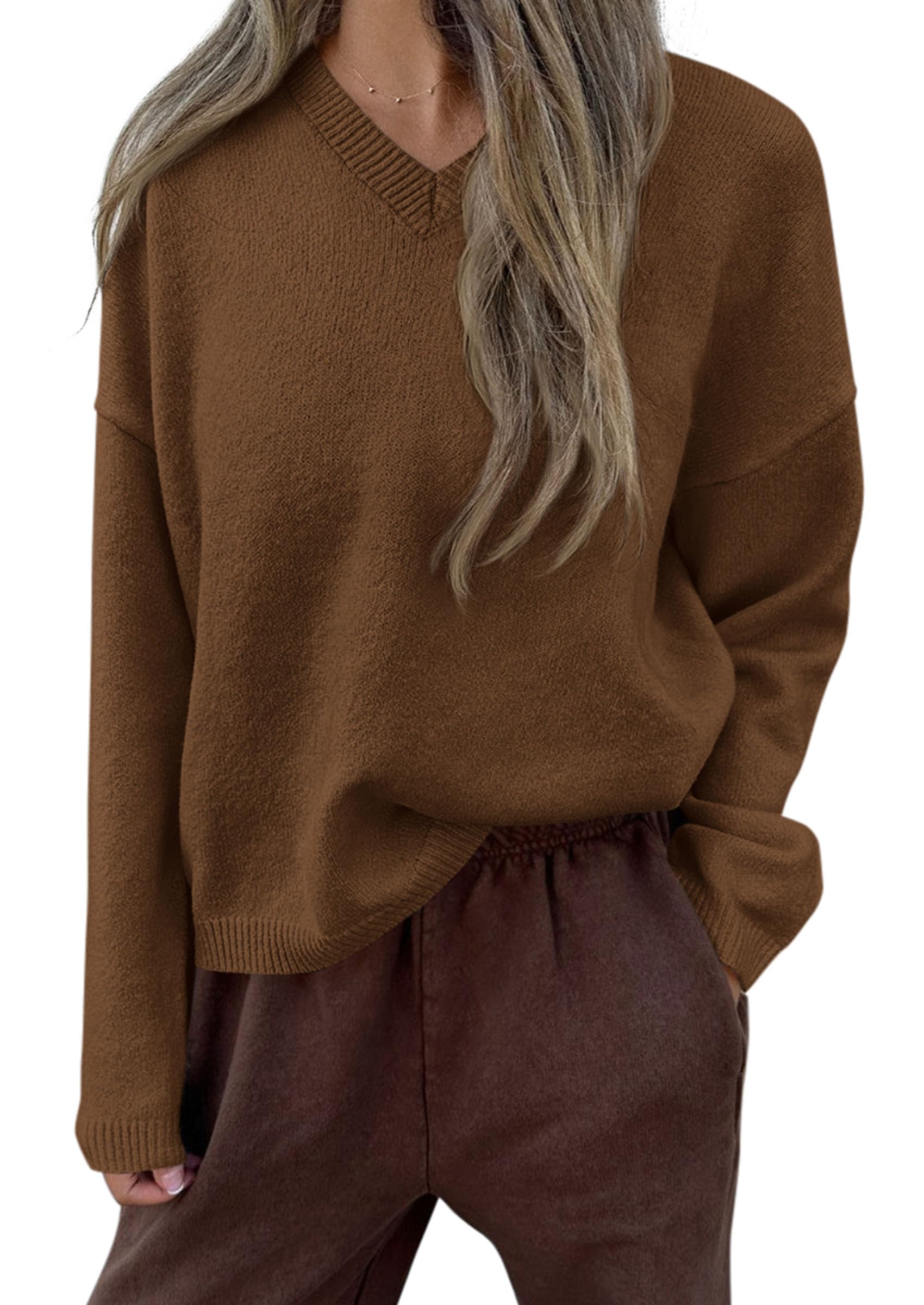 Women's Cozy Sweaters Fall Fashion V Neck Tops Brown,S