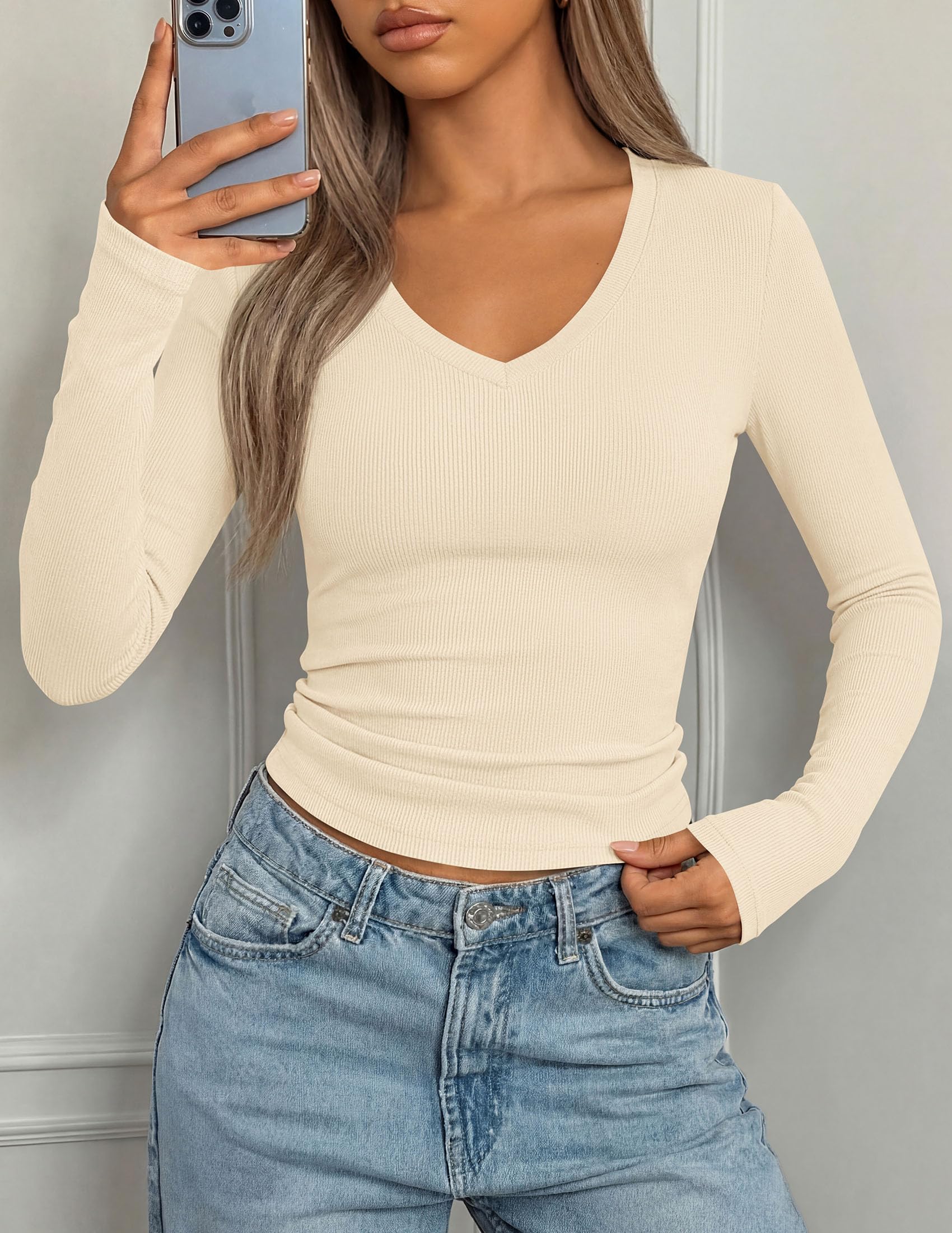 Womens Long Sleeve Ribbed V Neck Knit Shirts(Beige,S)