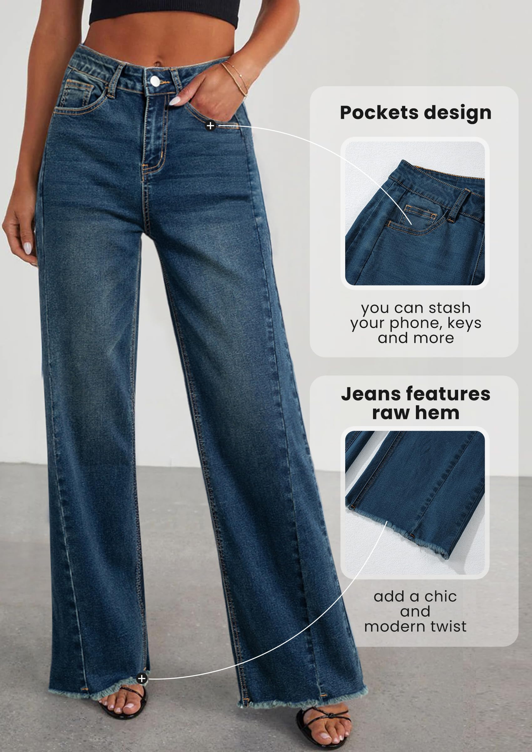 Women's Wide Leg Jeans Raw Hem Denim Pants,Vintage Blue,4