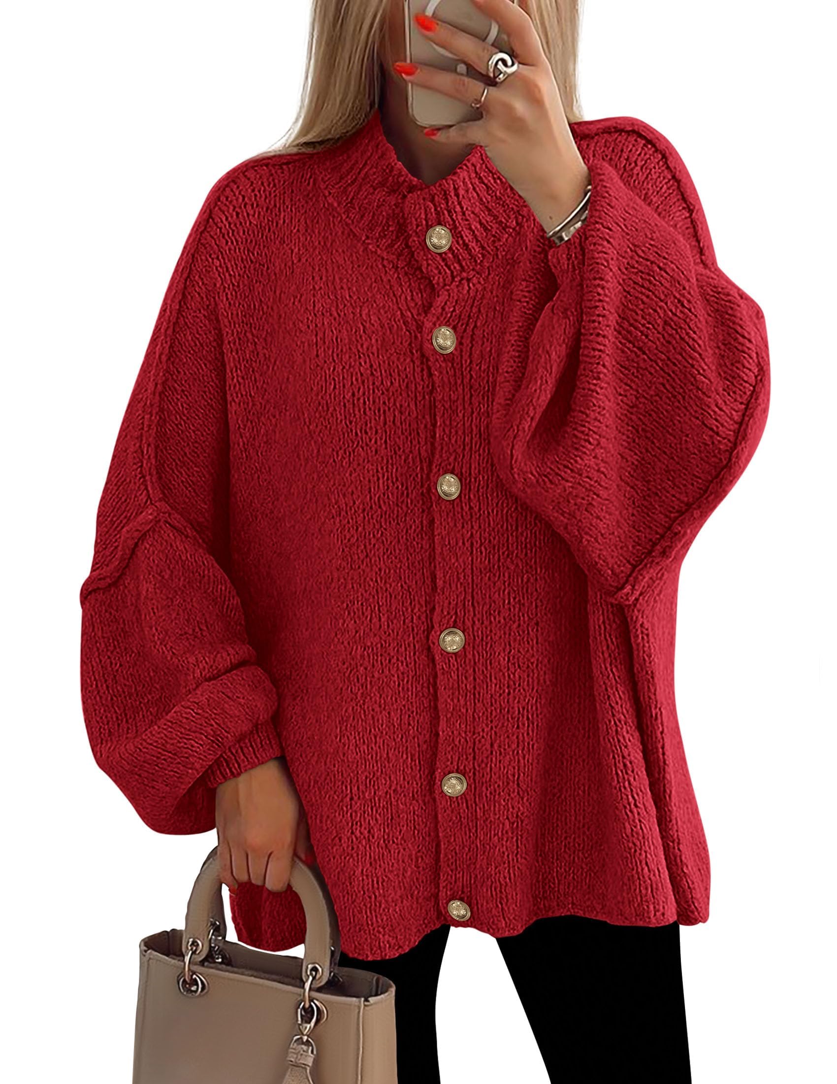 Women's Oversized Chunky Cardigan Sweaters(Jujube Red,Small)