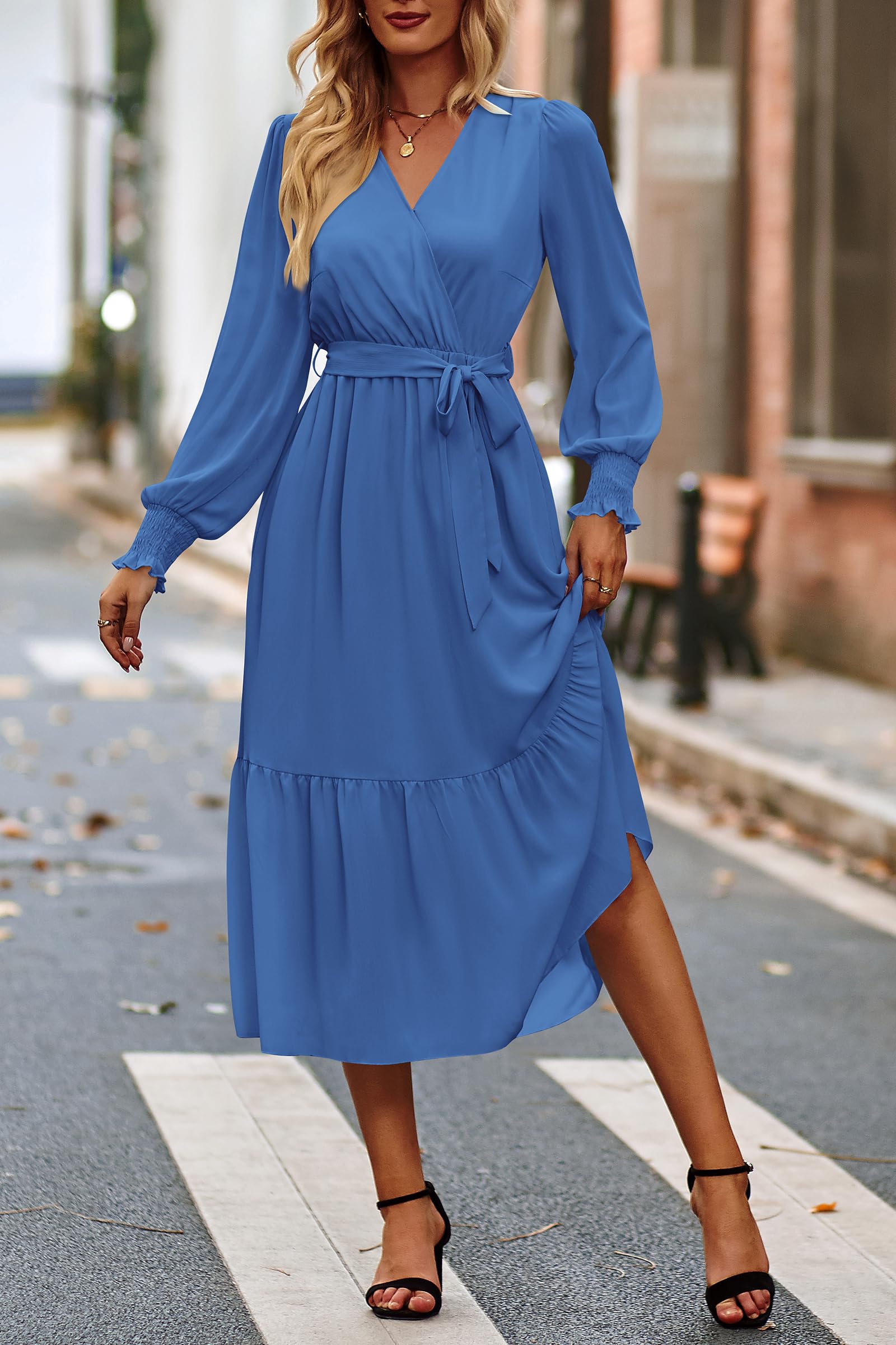 Women's Boho Long Sleeve Maxi Dress, Solid Dark Bule,S