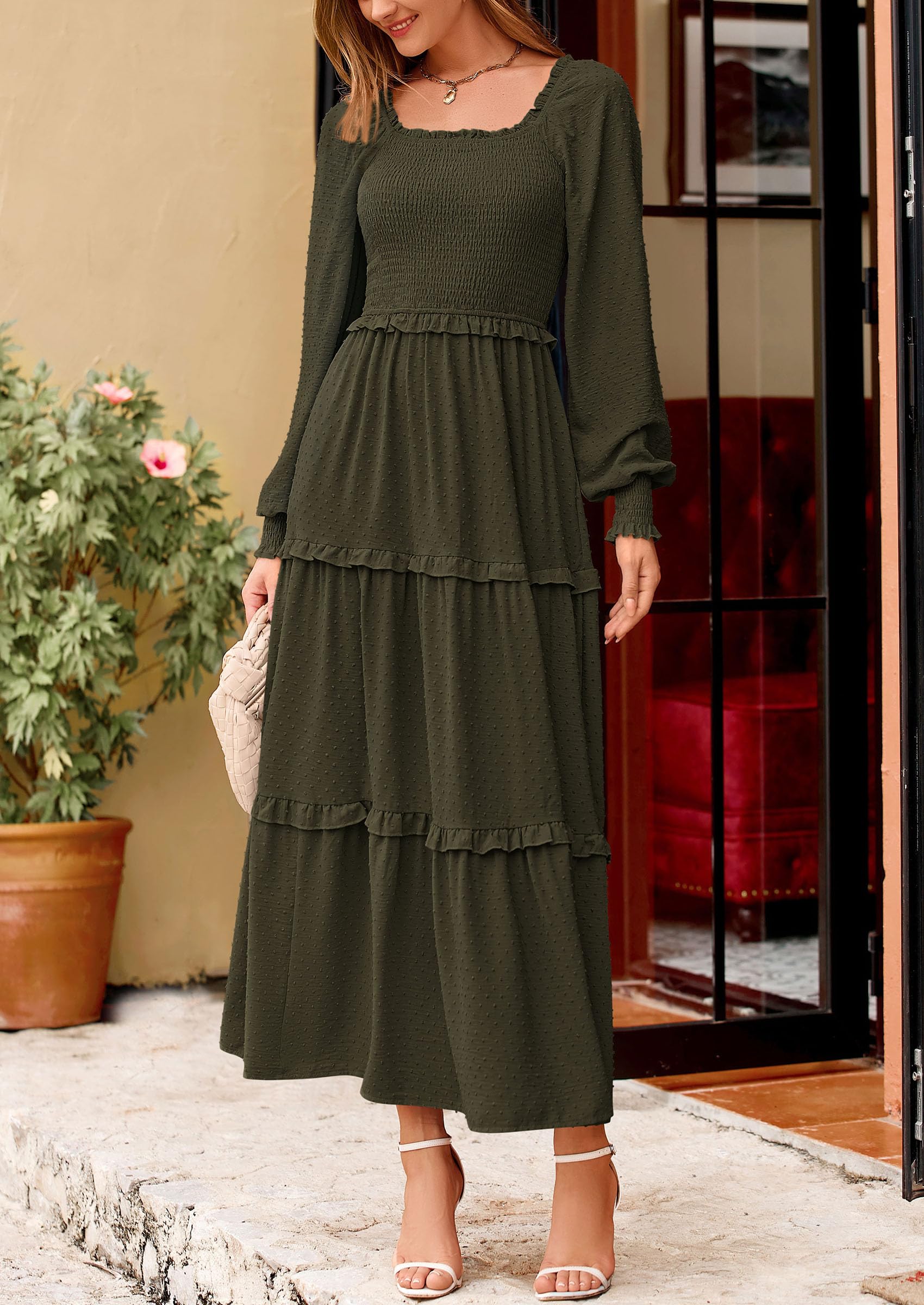 Women's Smocked Long Sleeve Maxi Dress Wedding Guest Dresses