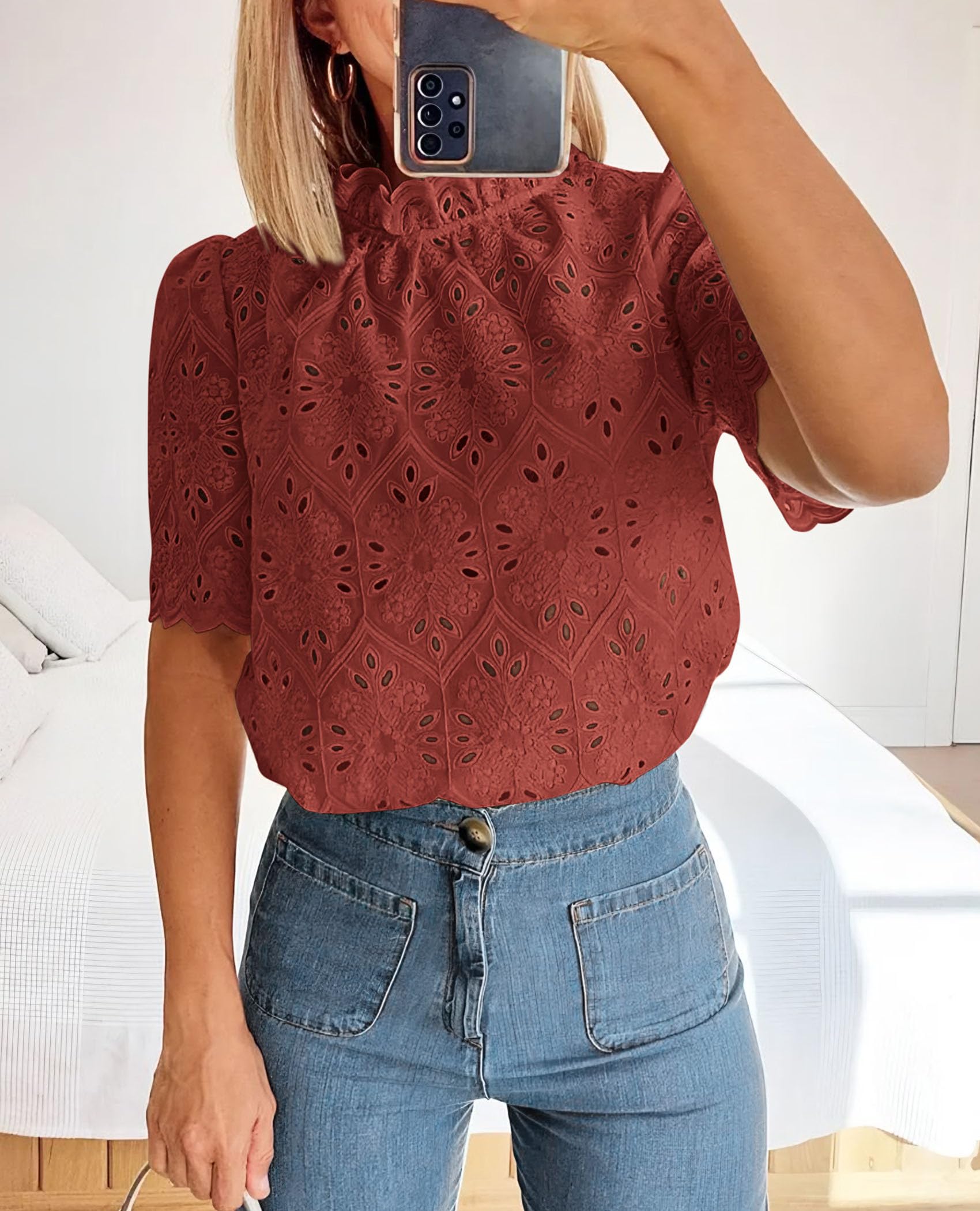 Women Summer Tops Eyelet Embroidered Shirts,Brown Red,XS