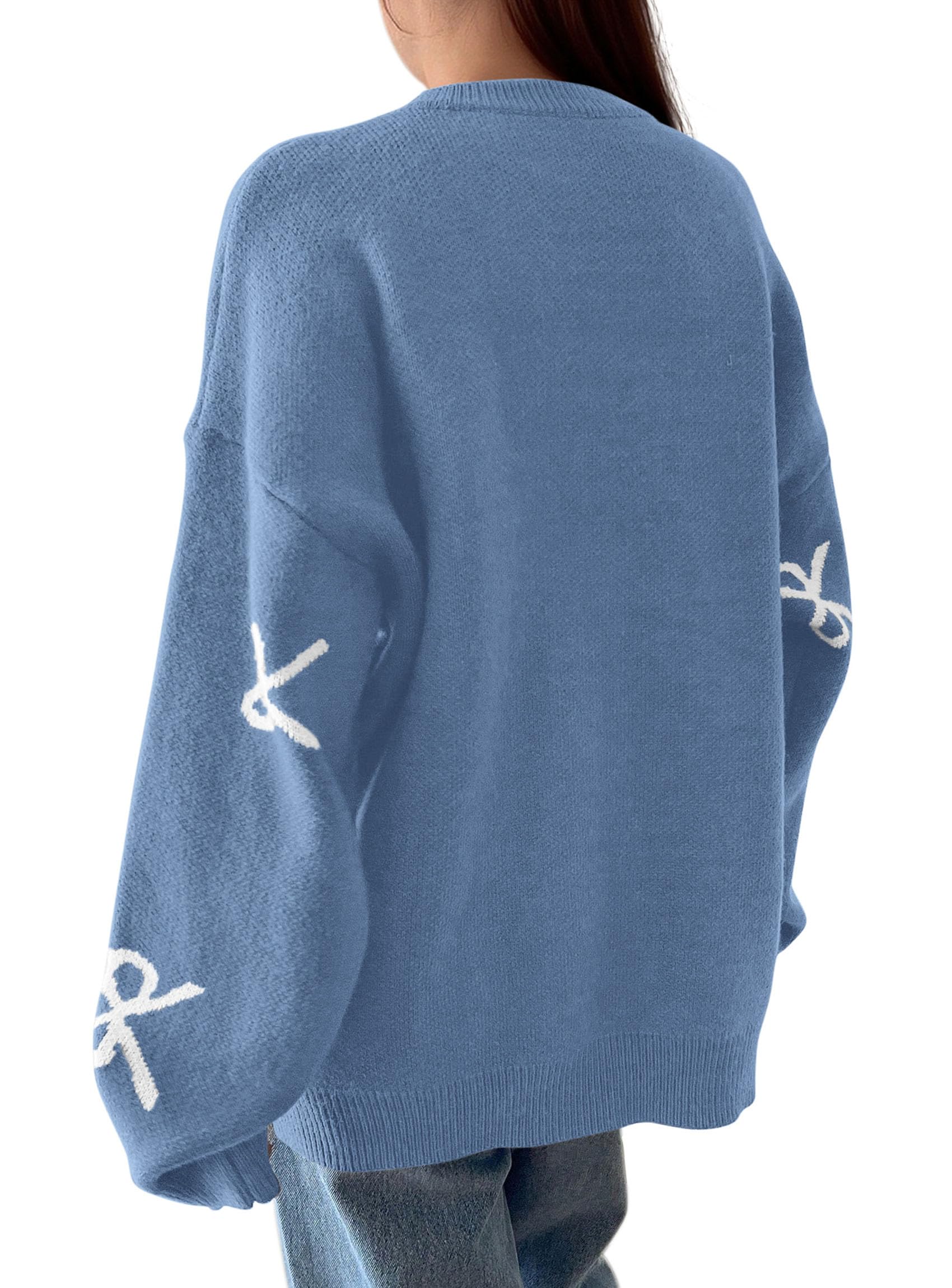 Fall Long Sleeve Pullover Sweaters for Women 2026 Trendy Crewneck Casual Cute Bow Chunky Knit Oversized Sweater (Blue Grey,Small)