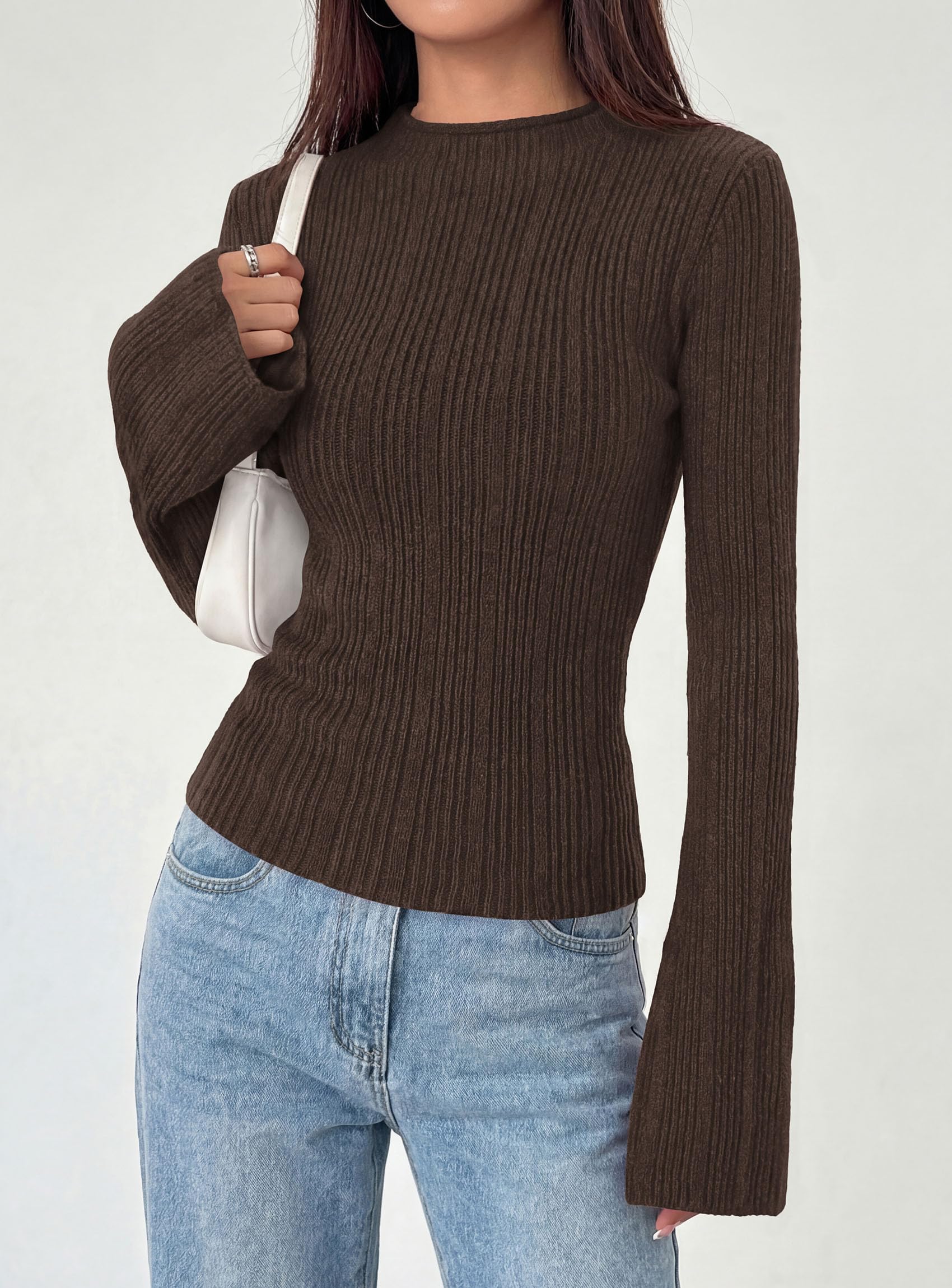 Womens Bell Long Sleeve Tops Mock Neck Sweaters,Brown,S