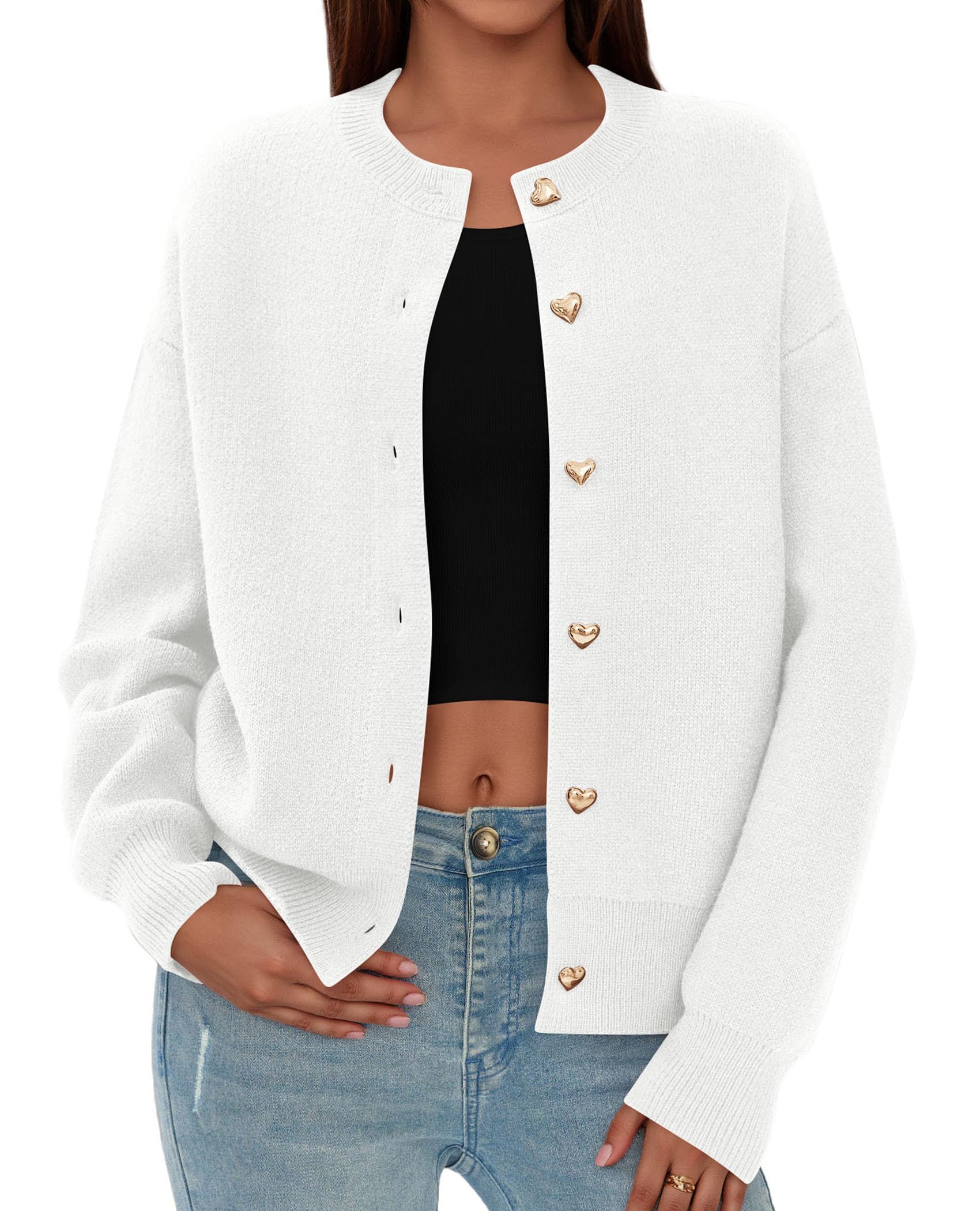 Women's Long Sleeve Button Up Cardigan,White,M