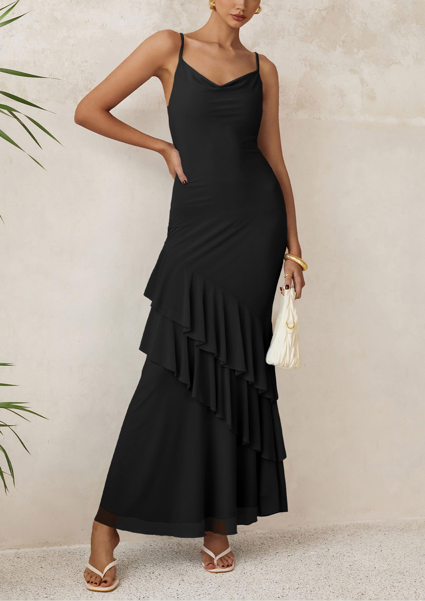 Women's Boho Floral Tiered Maxi Dress, Solid Black,XS