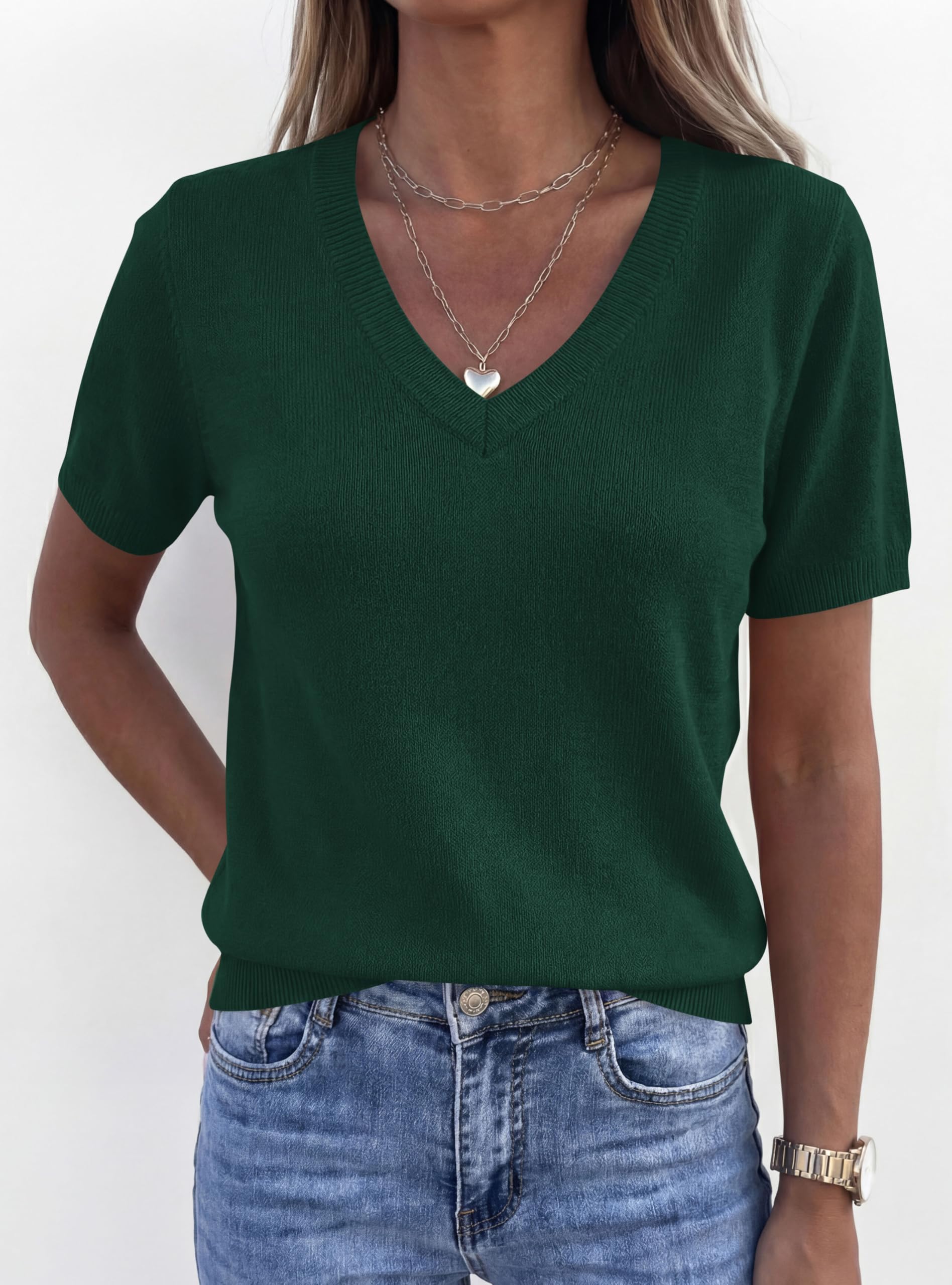 Womens Short Sleeve Sweater V Neck Tops,Dark Green,S