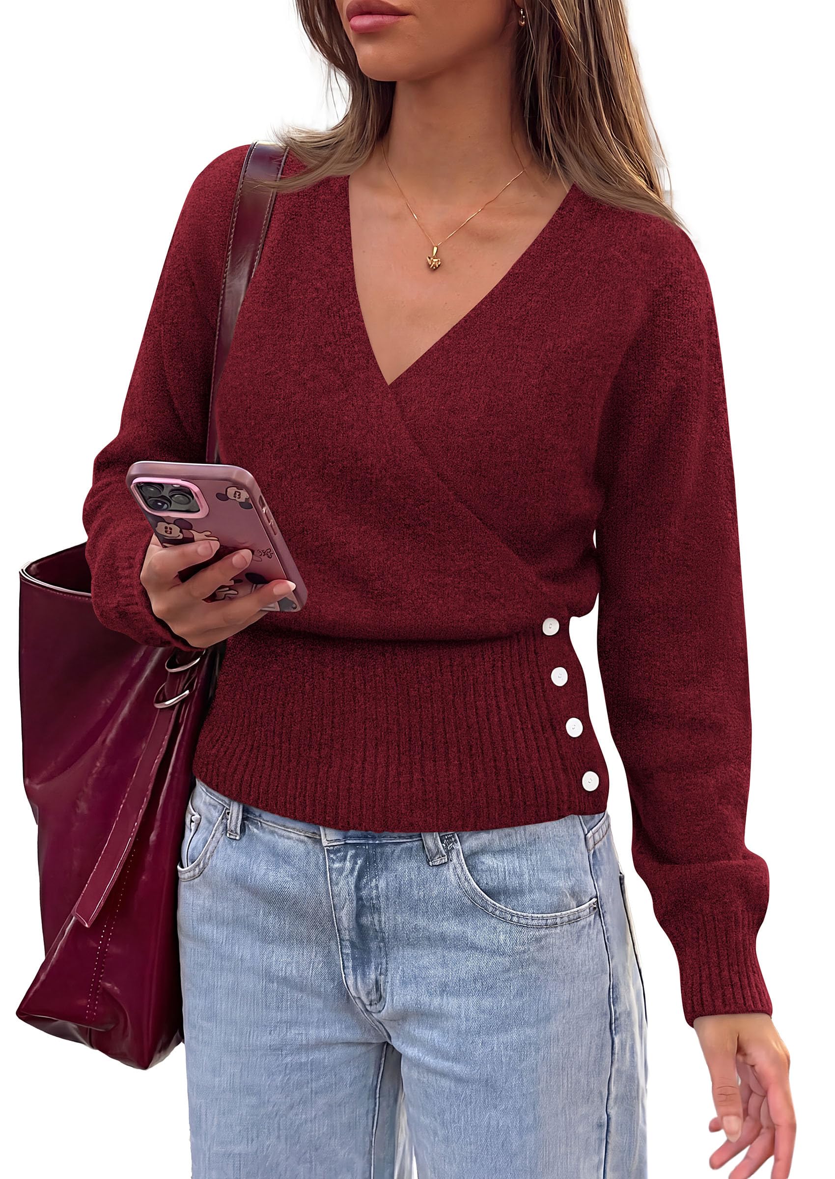 Women V Neck Wrap Sweater Cropped Tops (Wine Red,S)