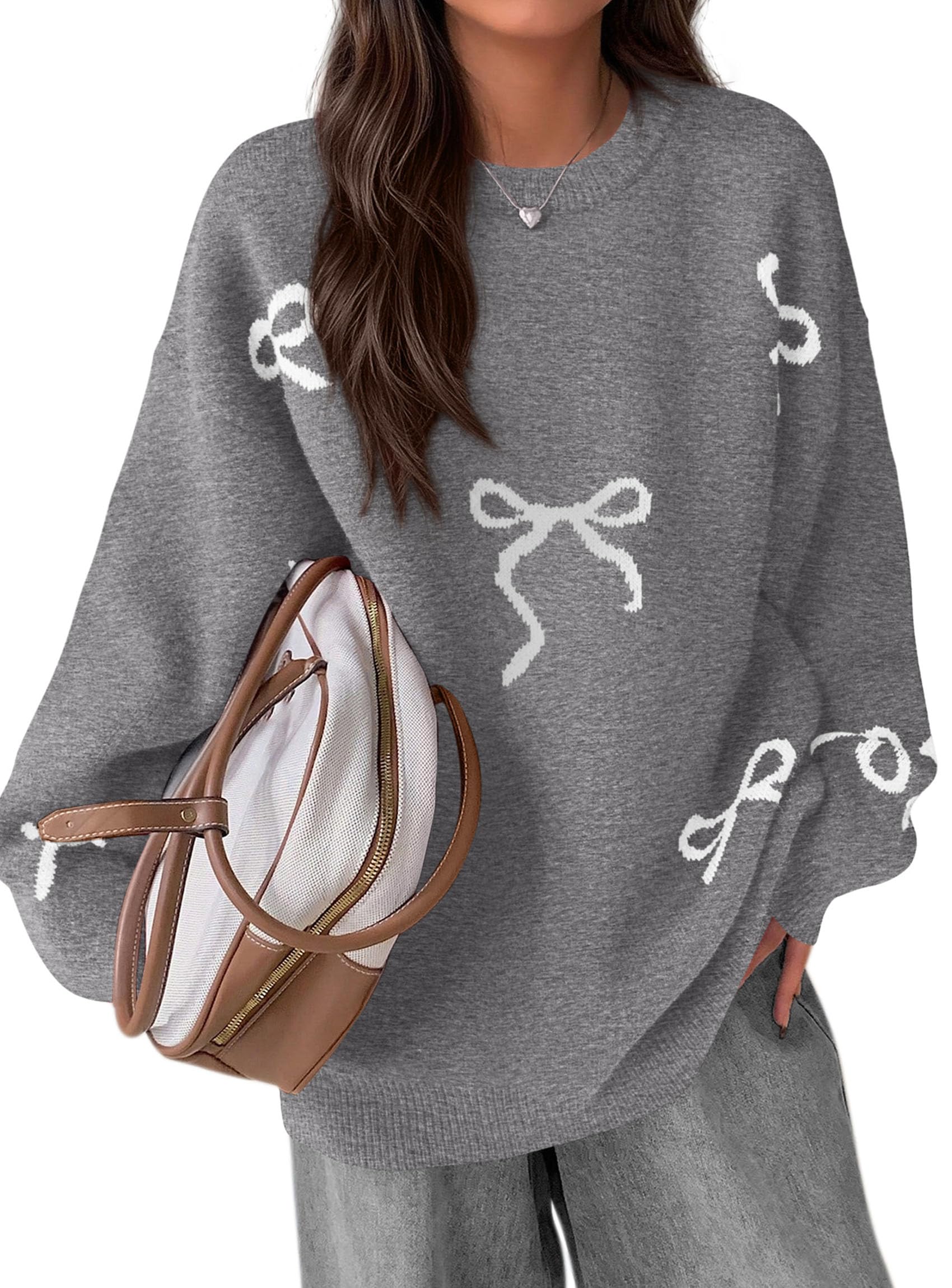 Fall Long Sleeve Pullover Sweaters for Women 2026 Trendy Crewneck Casual Cute Bow Chunky Knit Oversized Sweater (Grey,Small)