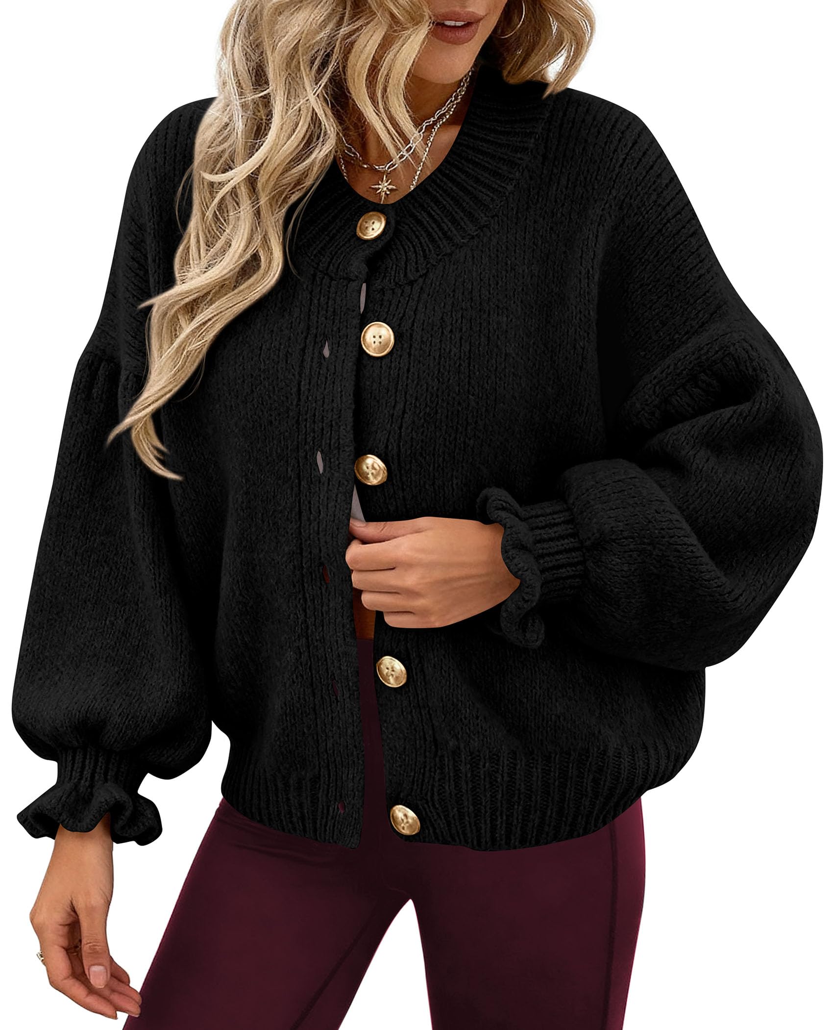 Womens Long Sleeve Chunky Knit Cardigan Sweaters,Black,S