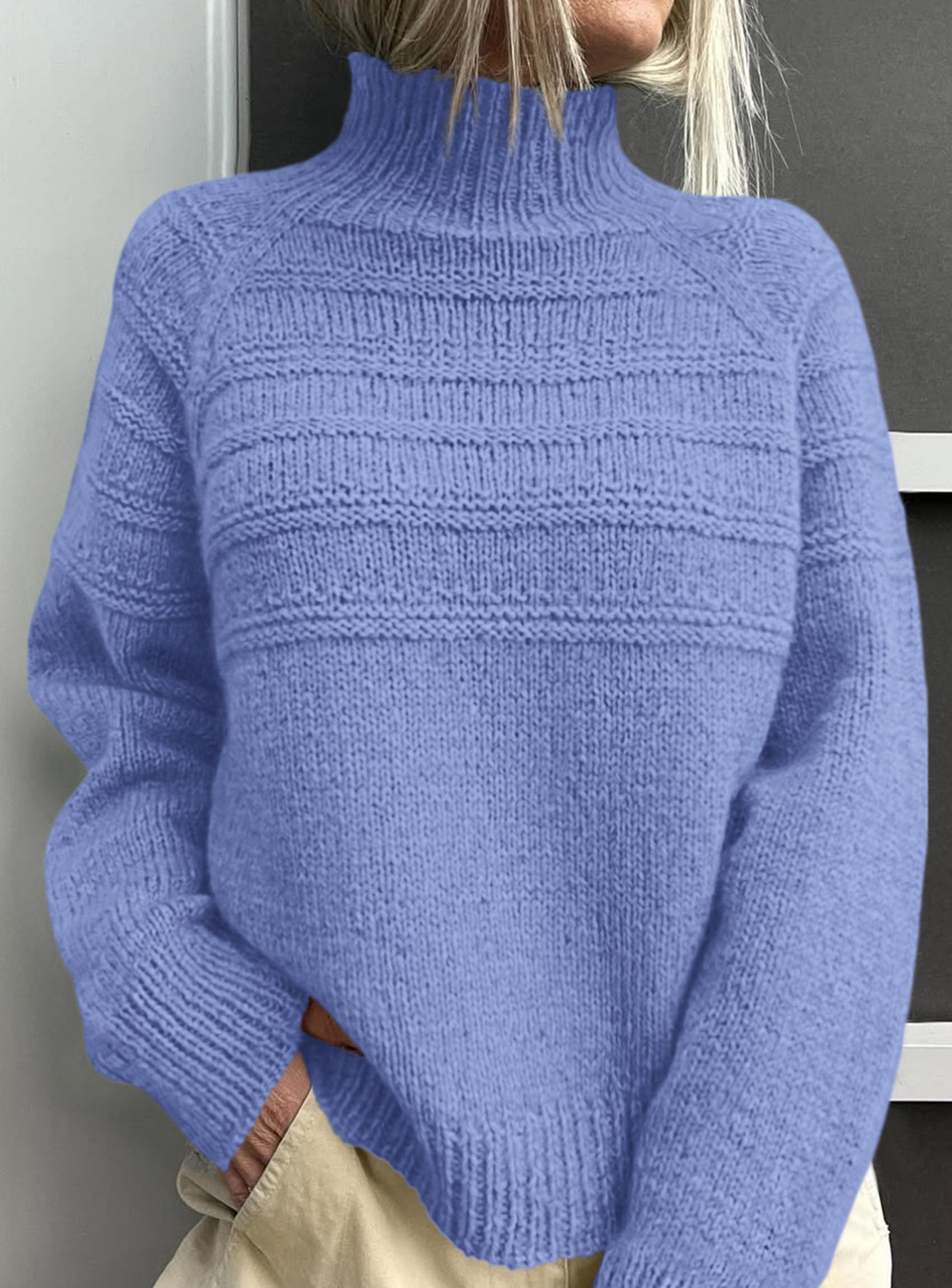 Women's Chunky Knit Mock Neck Pullover Sweaters,Blue,S