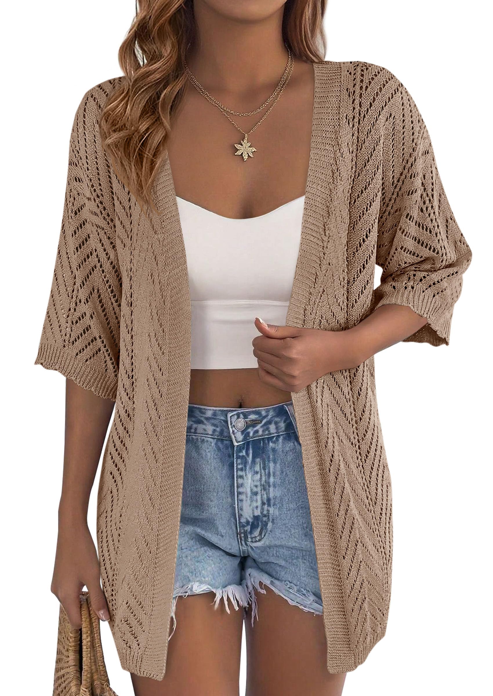 Women Lightweight Summer Short Sleeve Cardigan, Light Brown,S