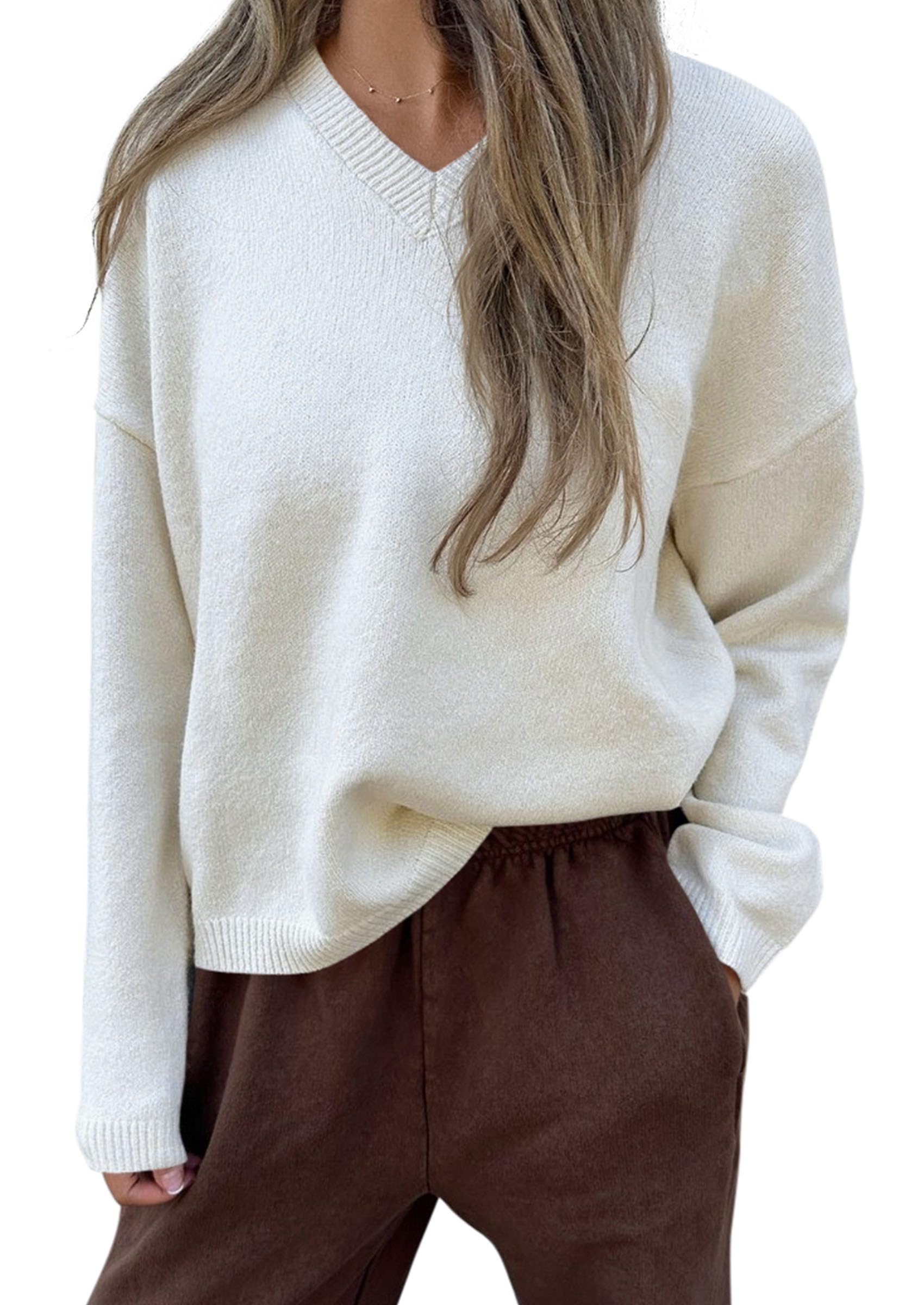 Women's Cozy Sweaters Fall Fashion V Neck Tops White,S