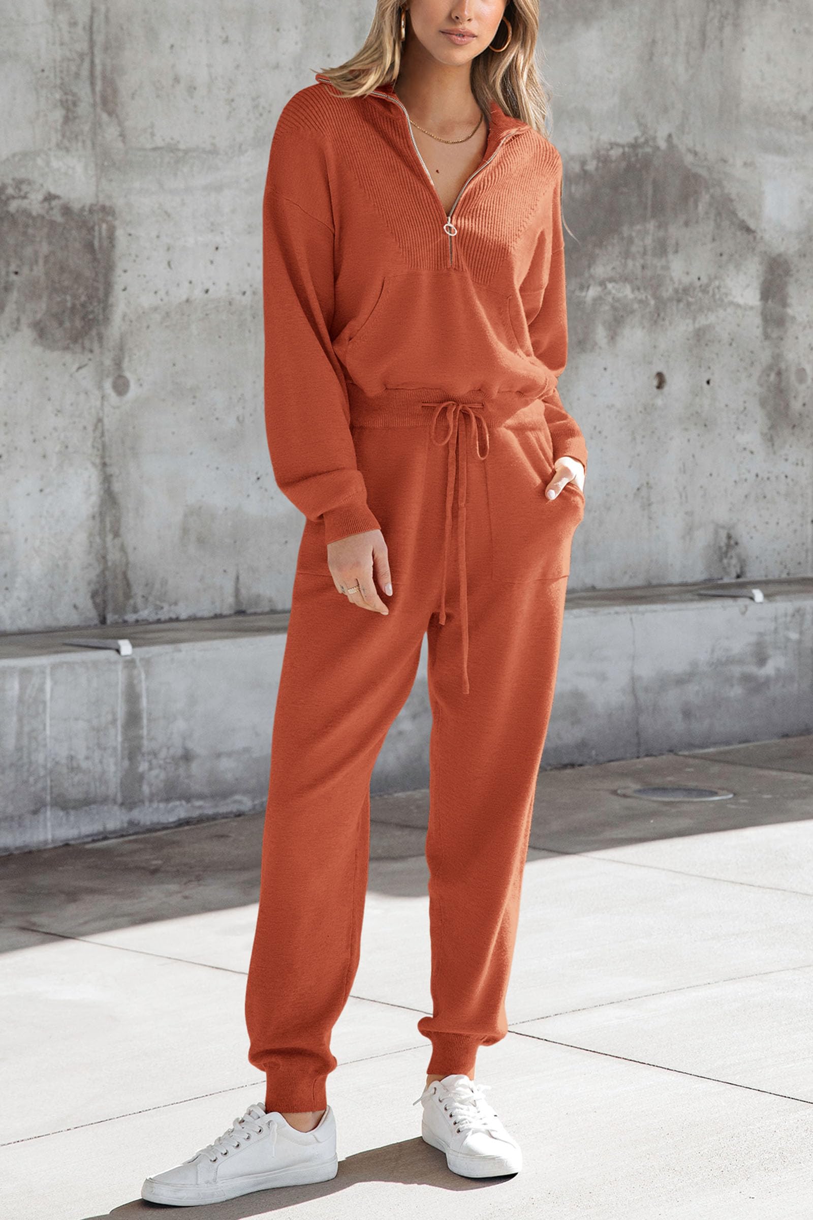 Women's 2 Piece Sweatsuits Set Fall Outfits(Orange Red,M)