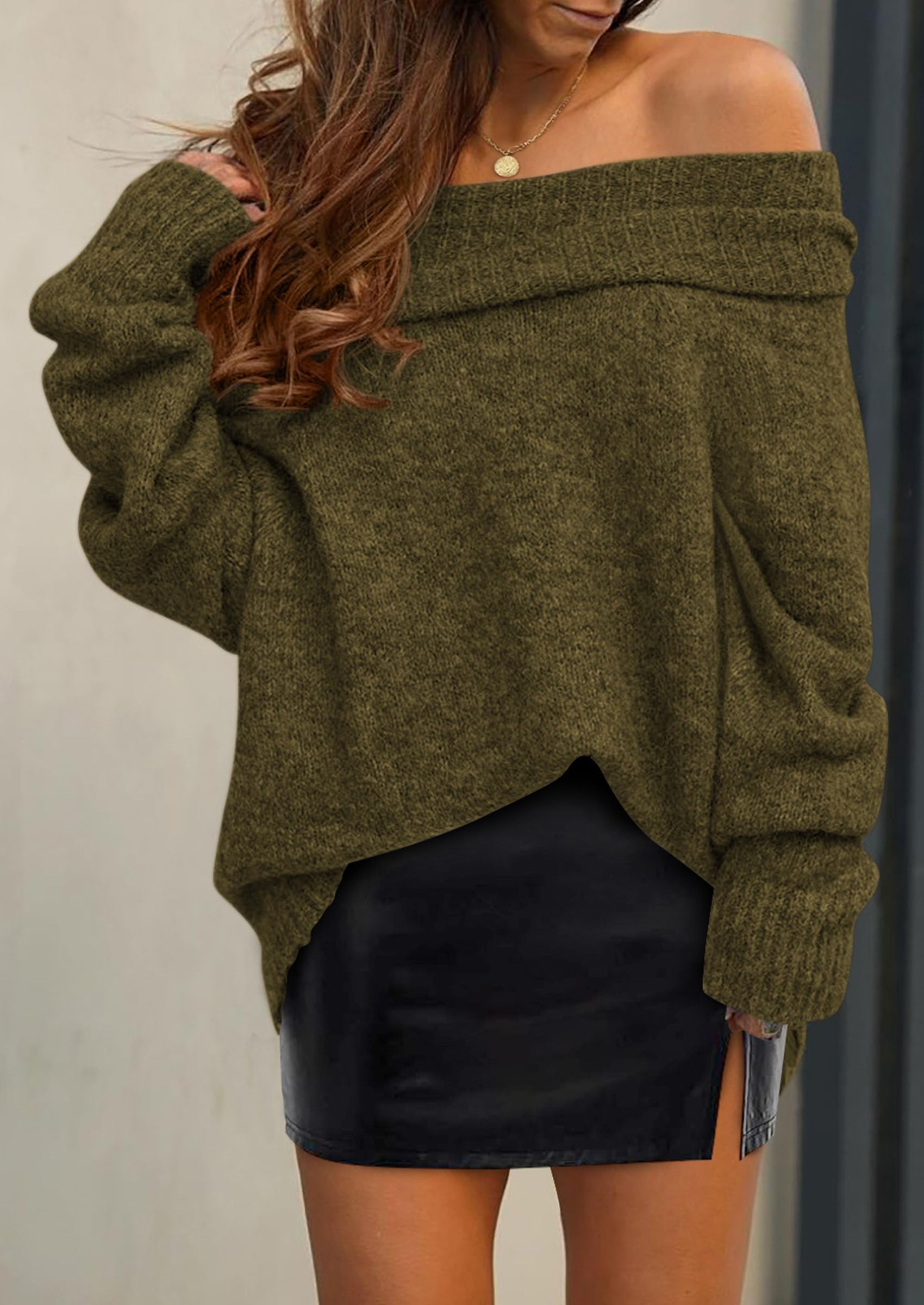 Women's Fall Off The Shoulder Sweater,Army Green,S