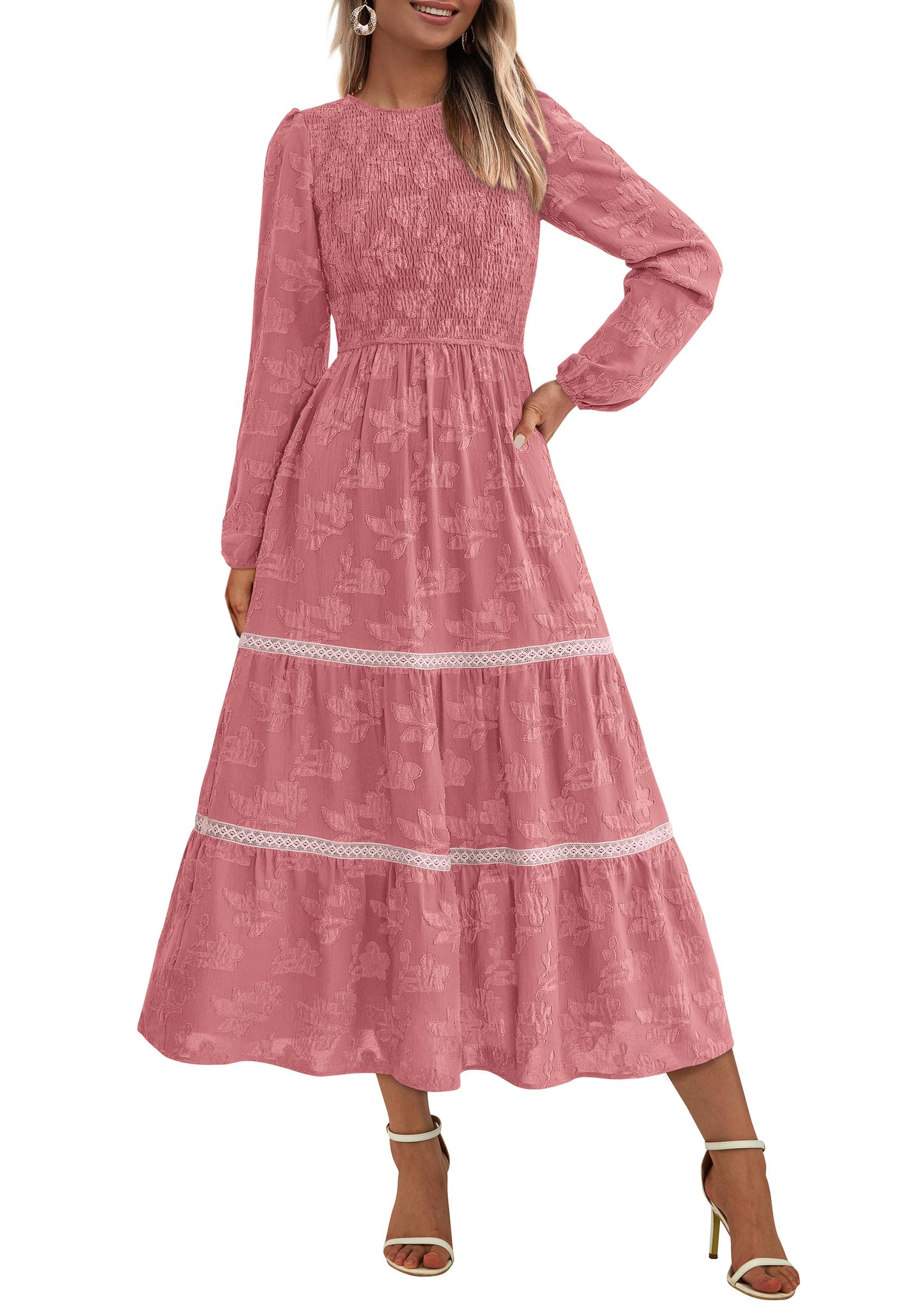 Women's Long Sleeve Boho Floral Midi Dress, Bean Paste Pink,S